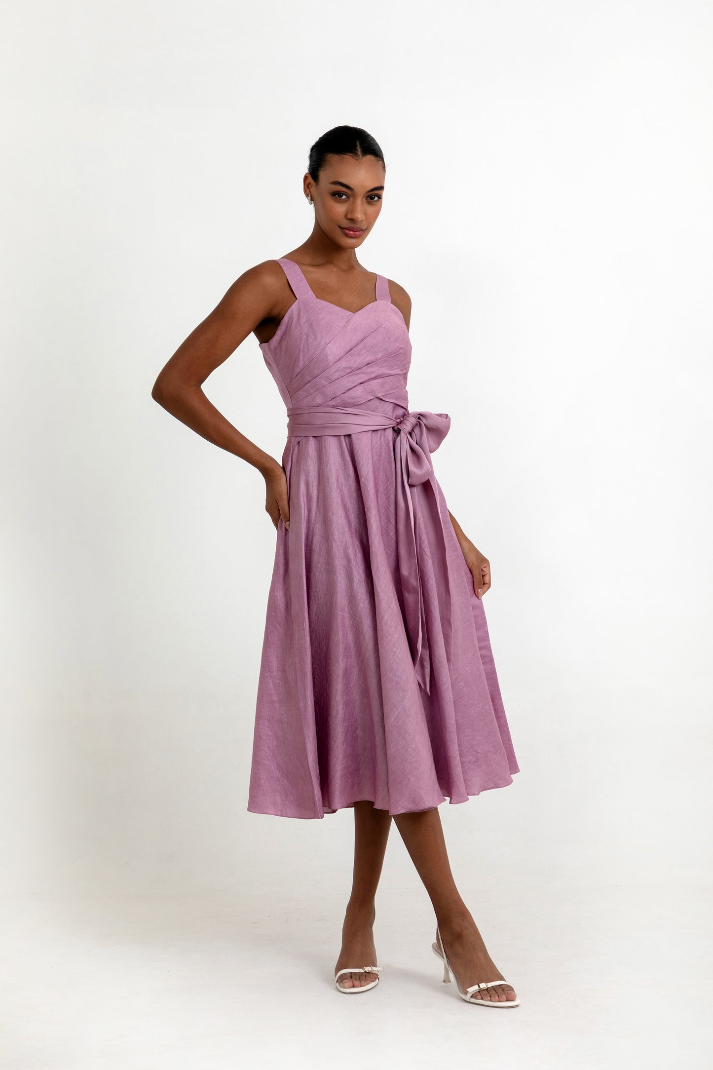 Ayla Lilac Linen Satin Deisgner Dress