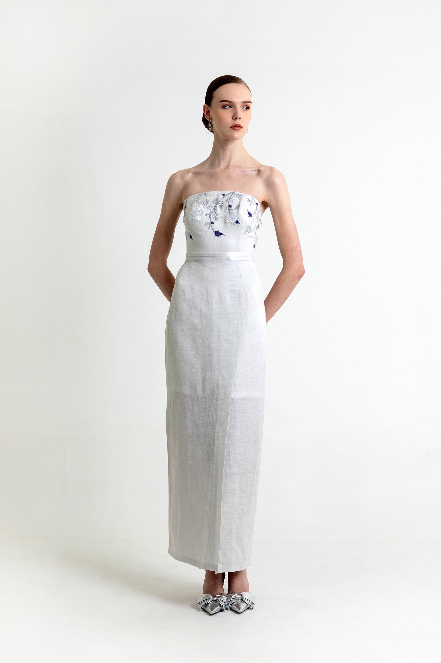 Avaia Silver Linen Satin Designer Gown