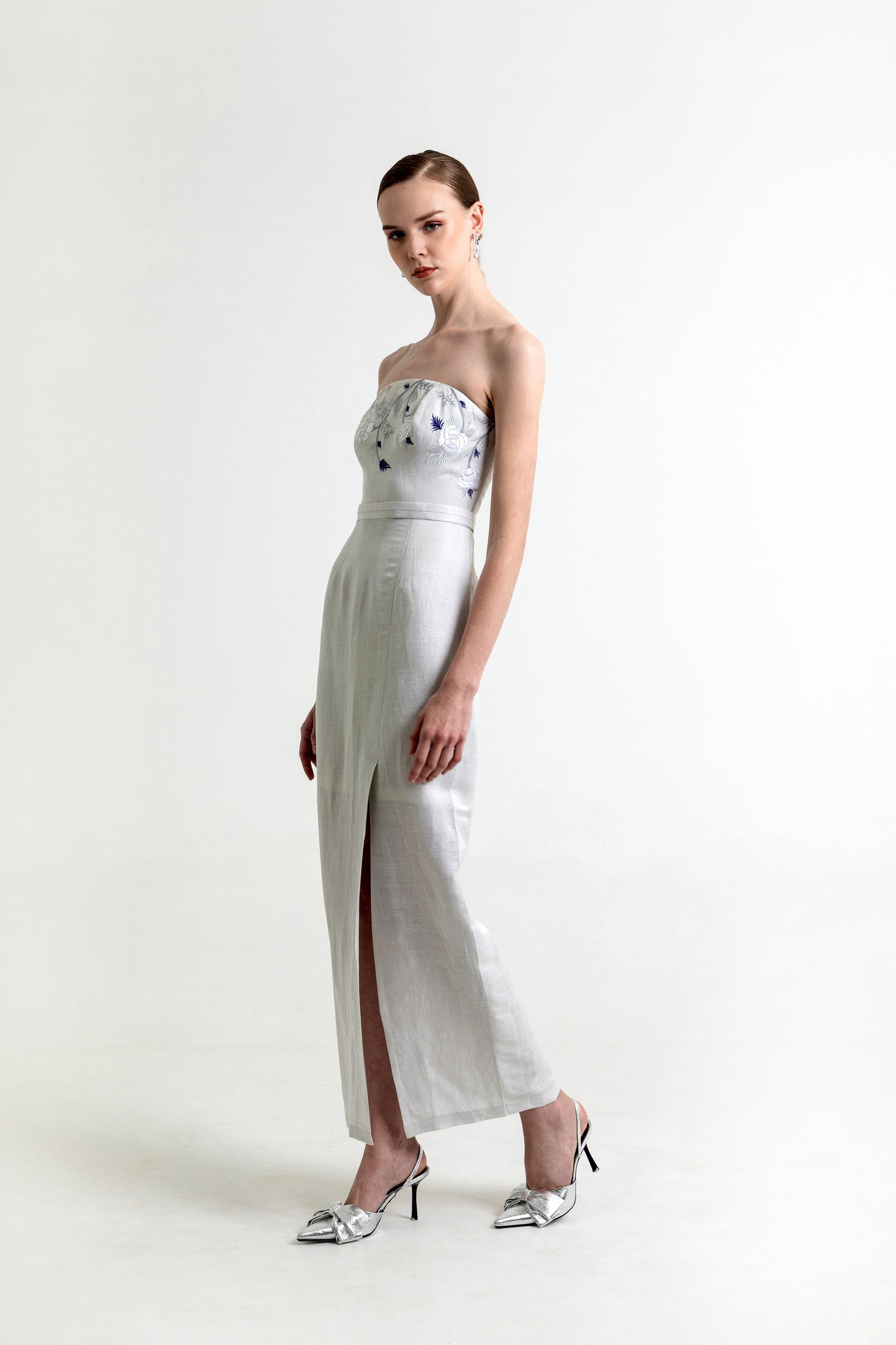 Avaia Silver Linen Satin Designer Gown