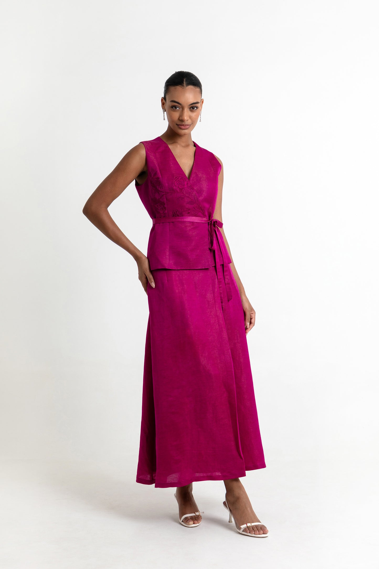 Rosalina Dark Fuschia Pink Linen Satin Party Wear Waistcoat Set
