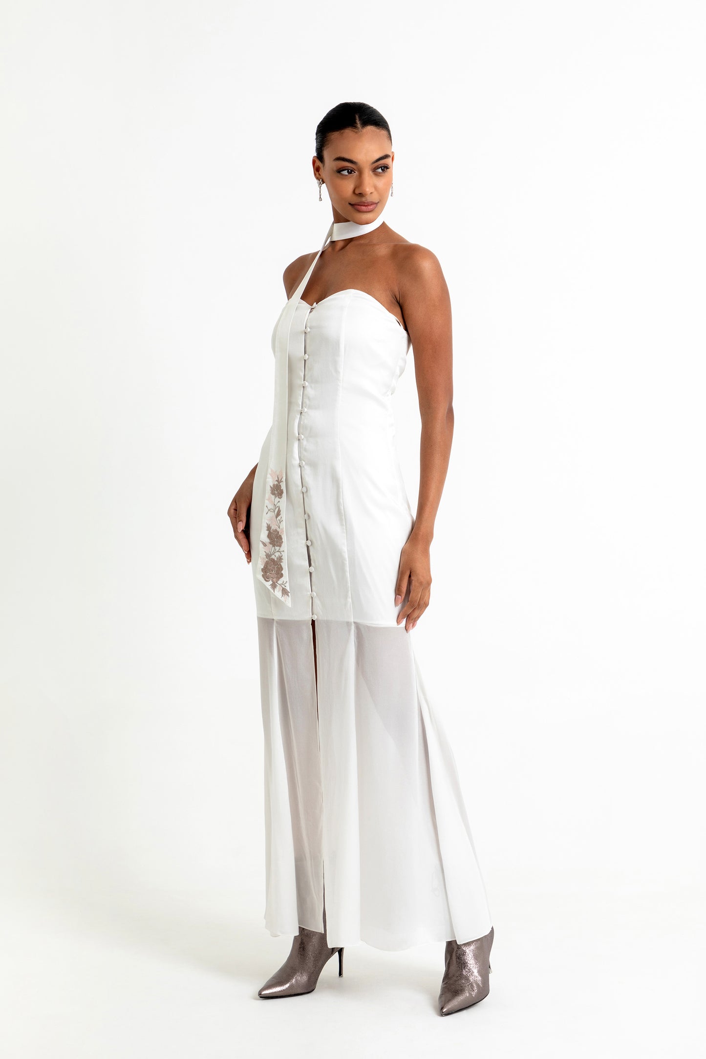 Strapless Sweetheart Shirt White Satin Party Wear Dress