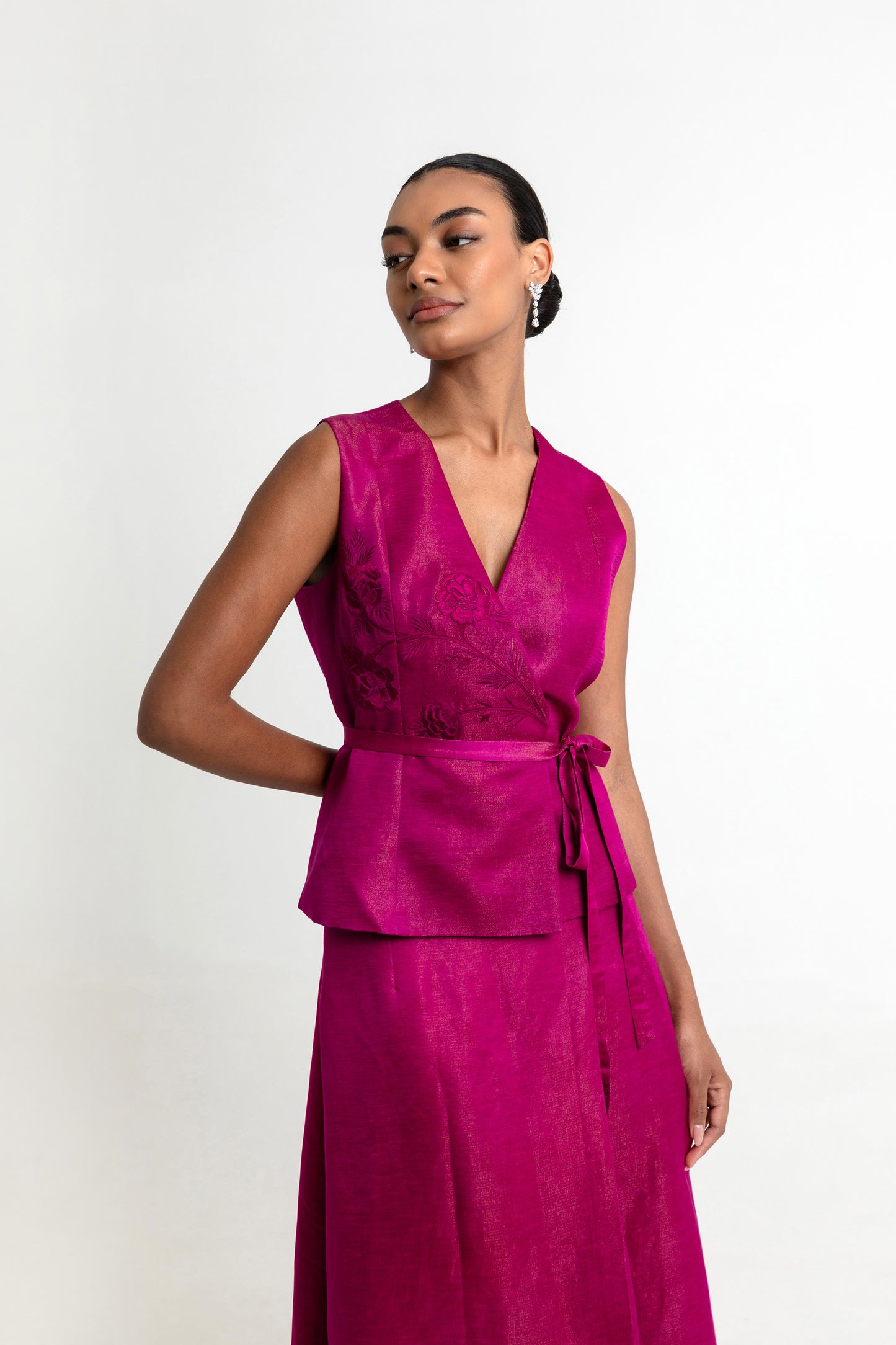 Rosalina Dark Fuschia Pink Linen Satin Party Wear Waistcoat Set
