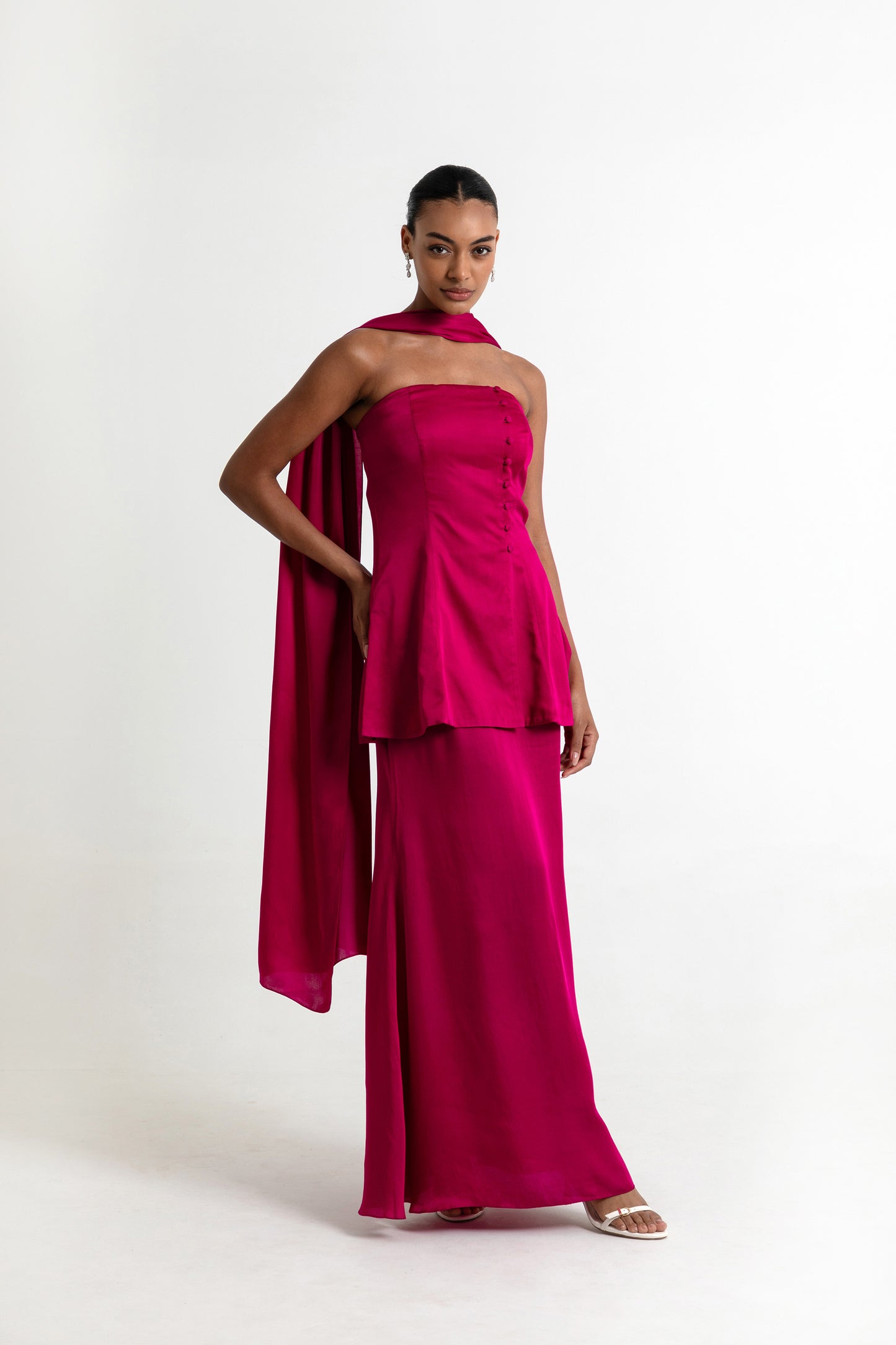 Adaline Dark Fuschia Pink Satin Co ord set with Scarf