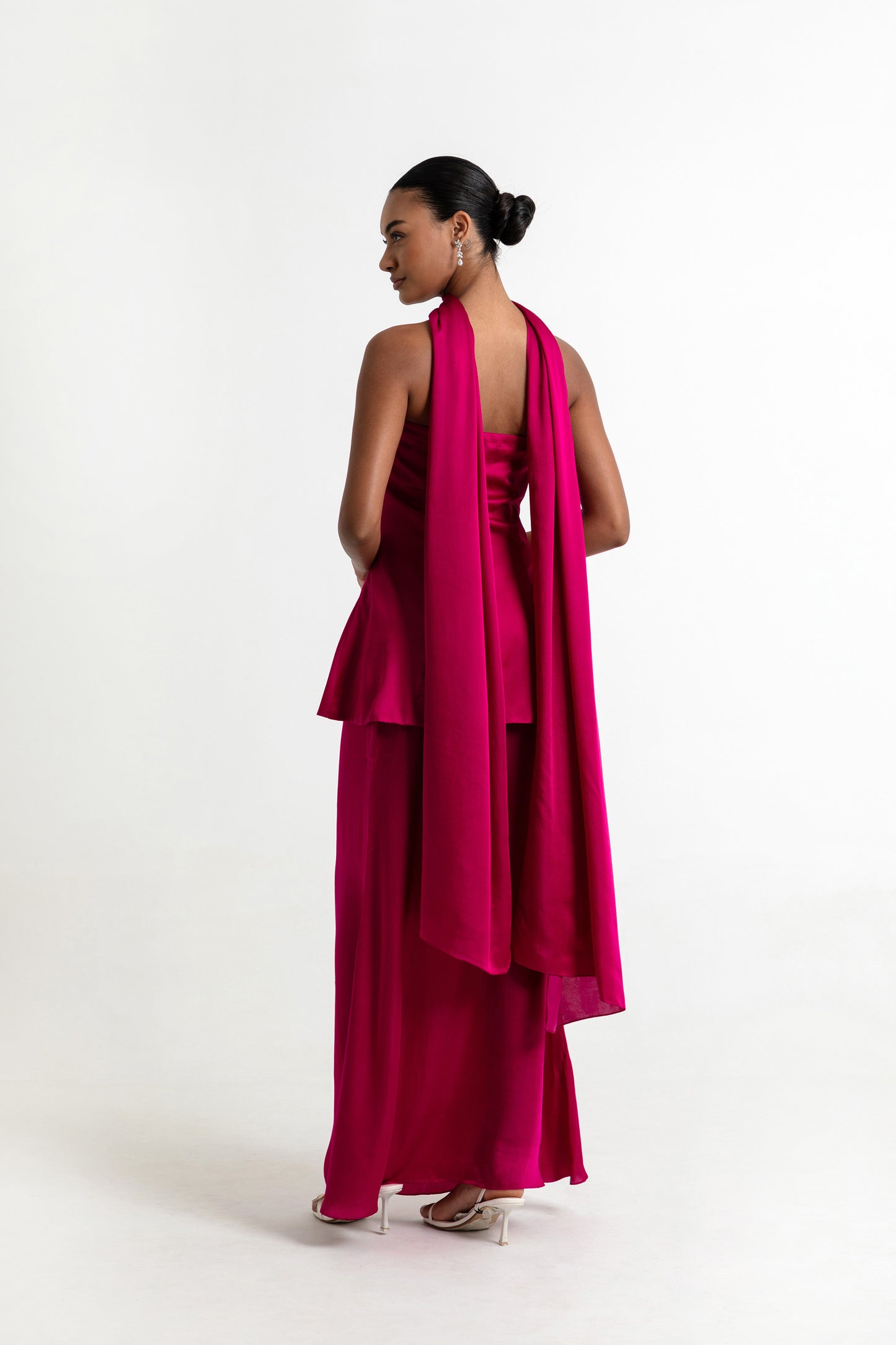 Adaline Dark Fuschia Pink Satin Co ord set with Scarf