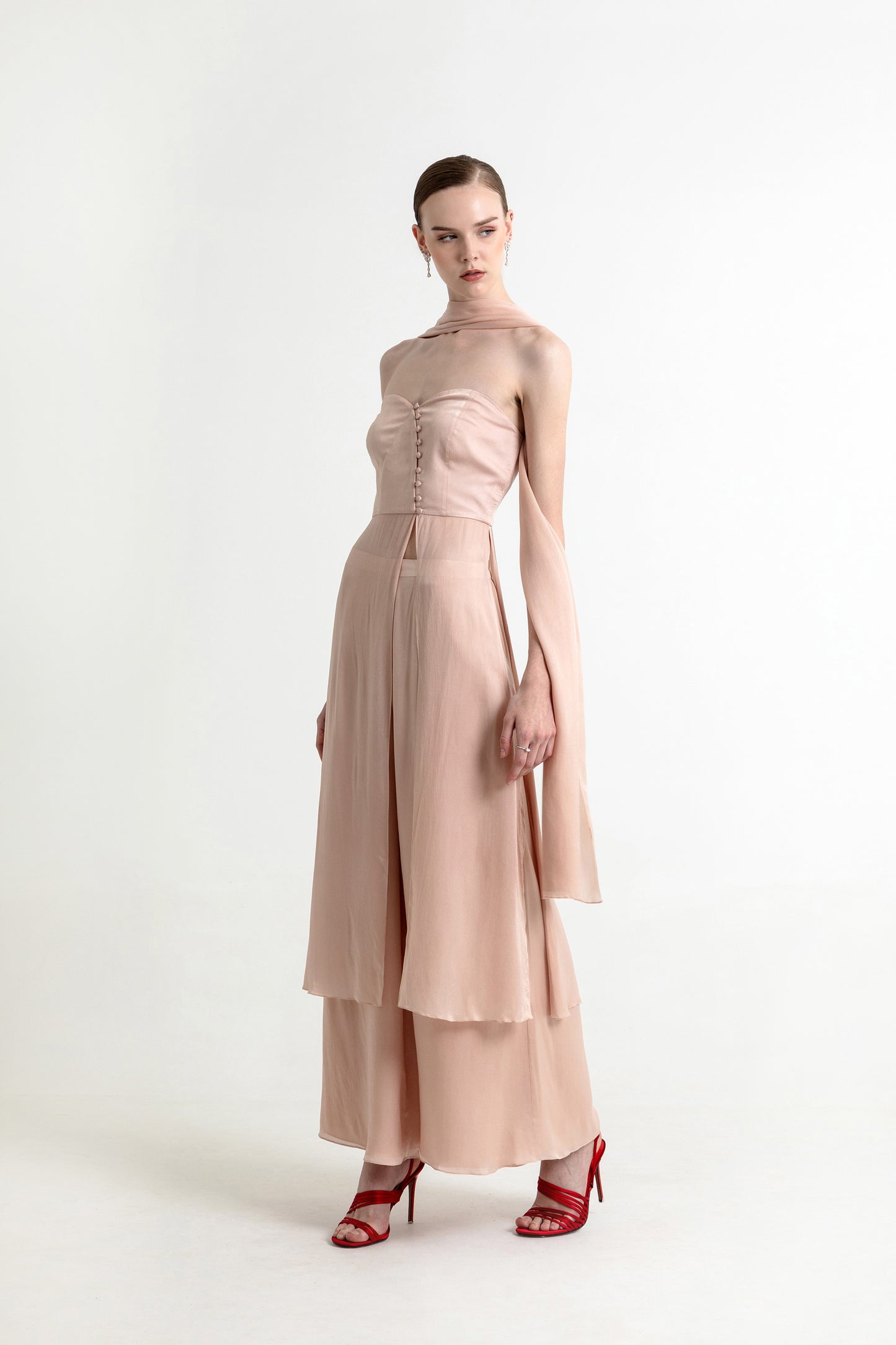 Adaline Light Pink Satin Party Wear Co ord set with Scarf