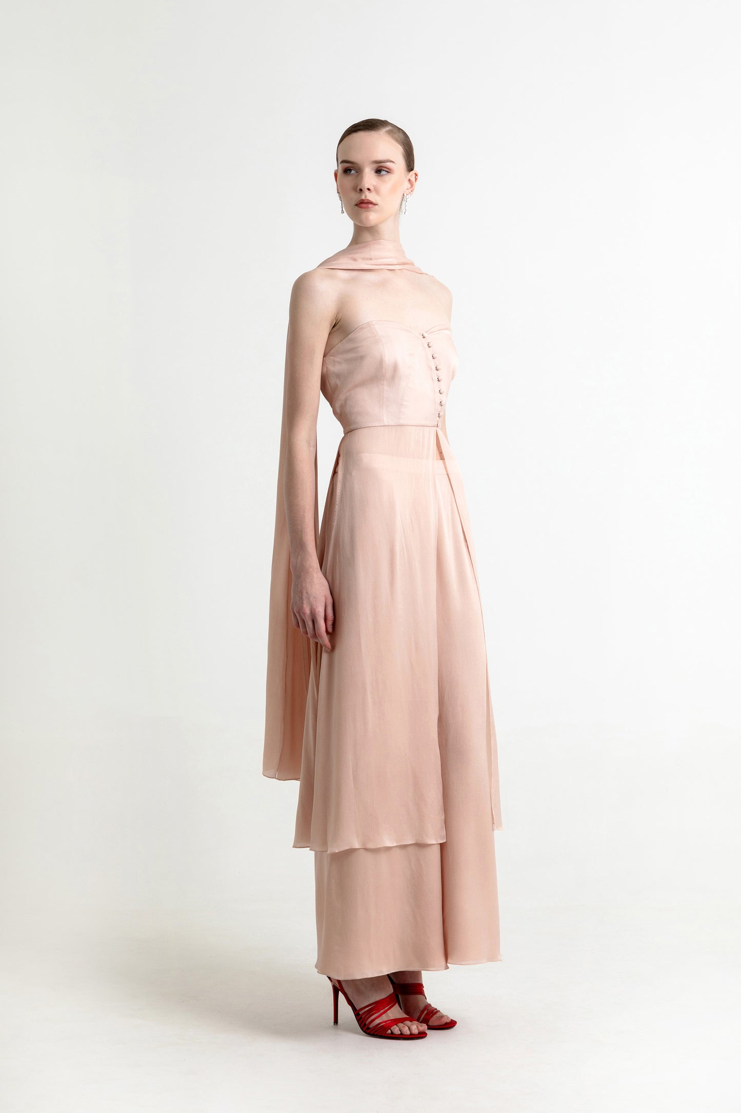 Adaline Light Pink Satin Party Wear Co ord set with Scarf