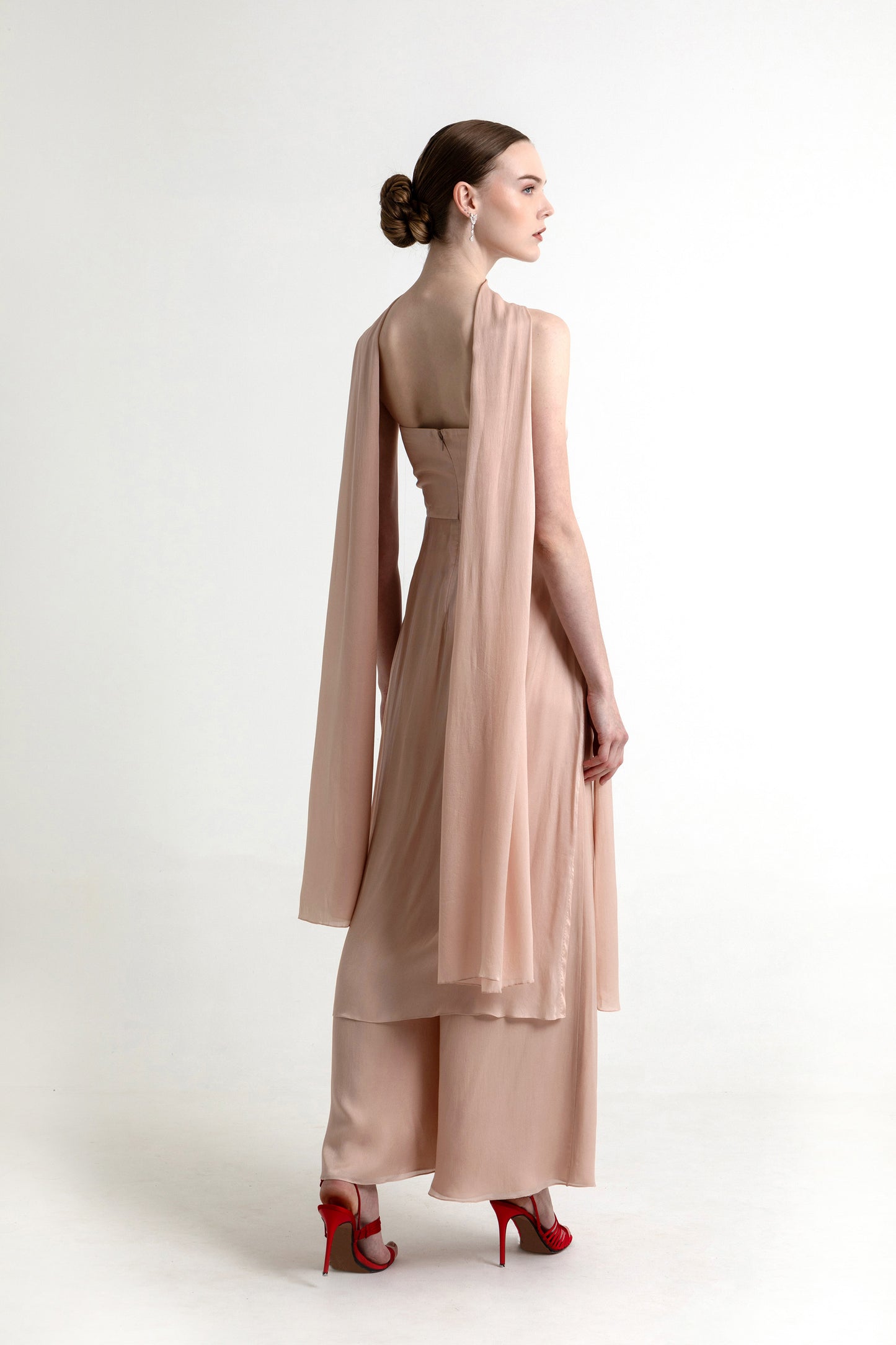 Adaline Light Pink Satin Party Wear Co ord set with Scarf