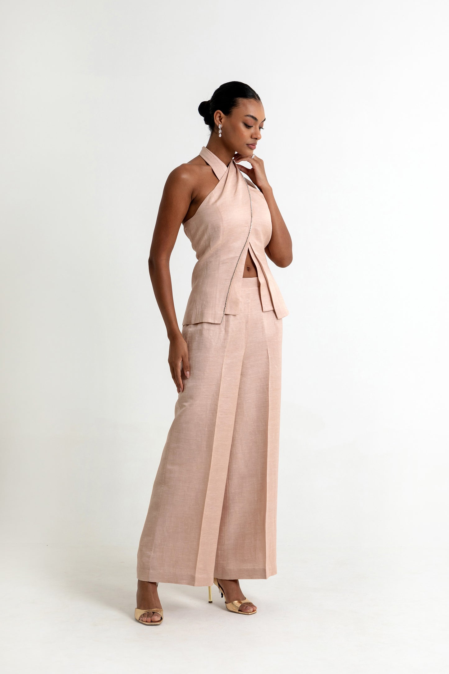 Skye Linen Satin Co-ord Set in Peach Dust