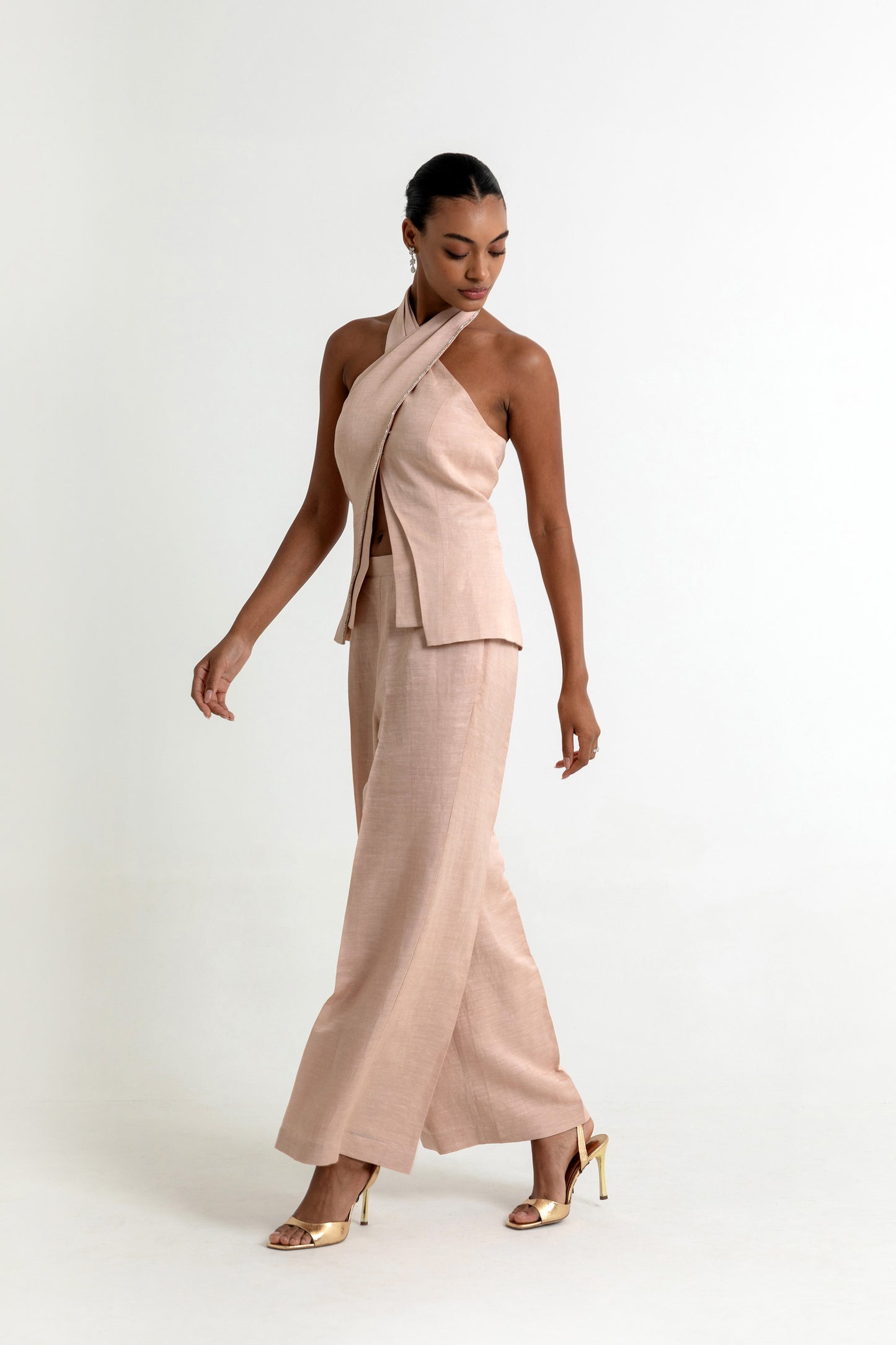Skye Linen Satin Co-ord Set in Peach Dust