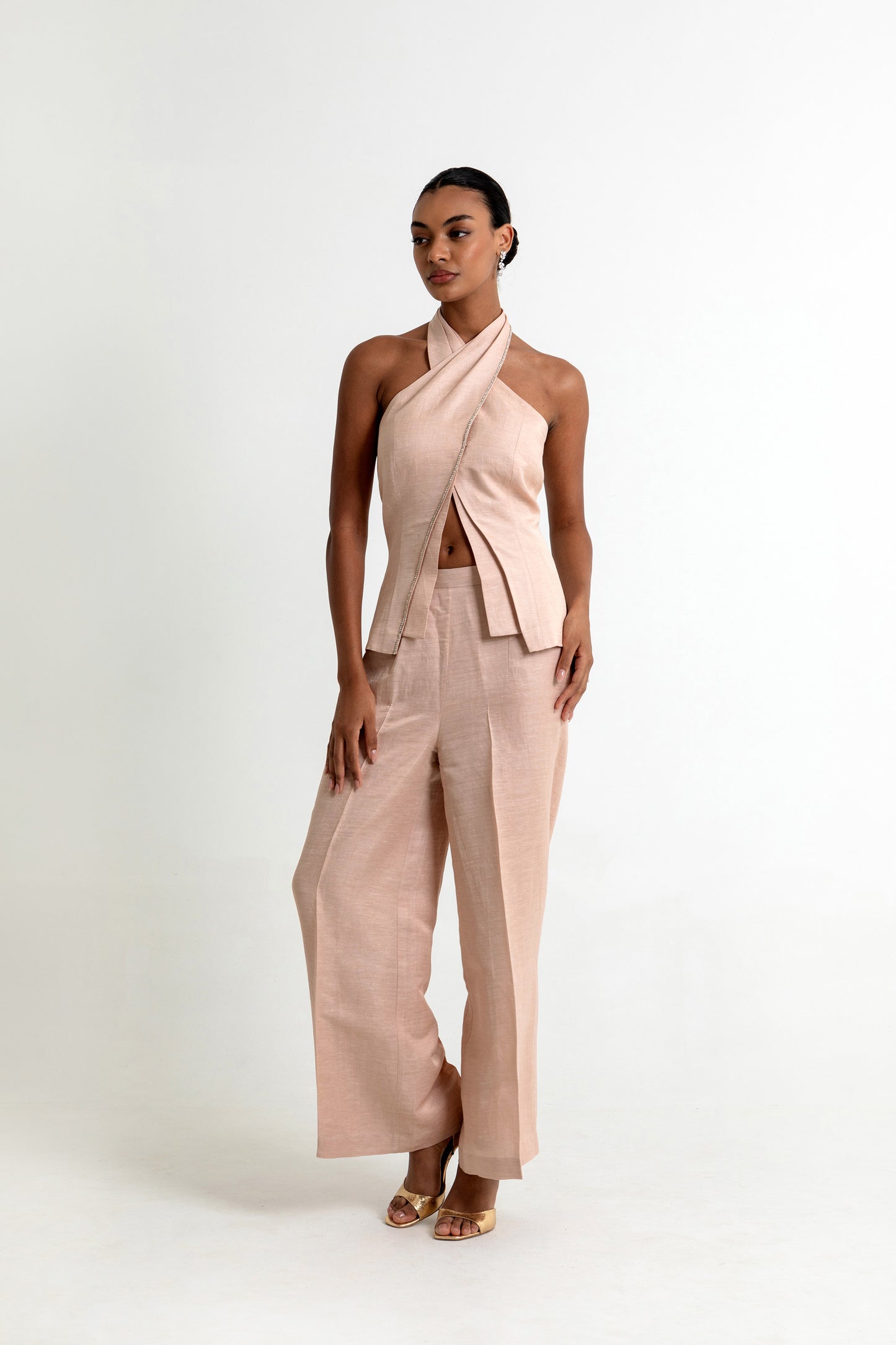 Skye Linen Satin Co-ord Set in Peach Dust