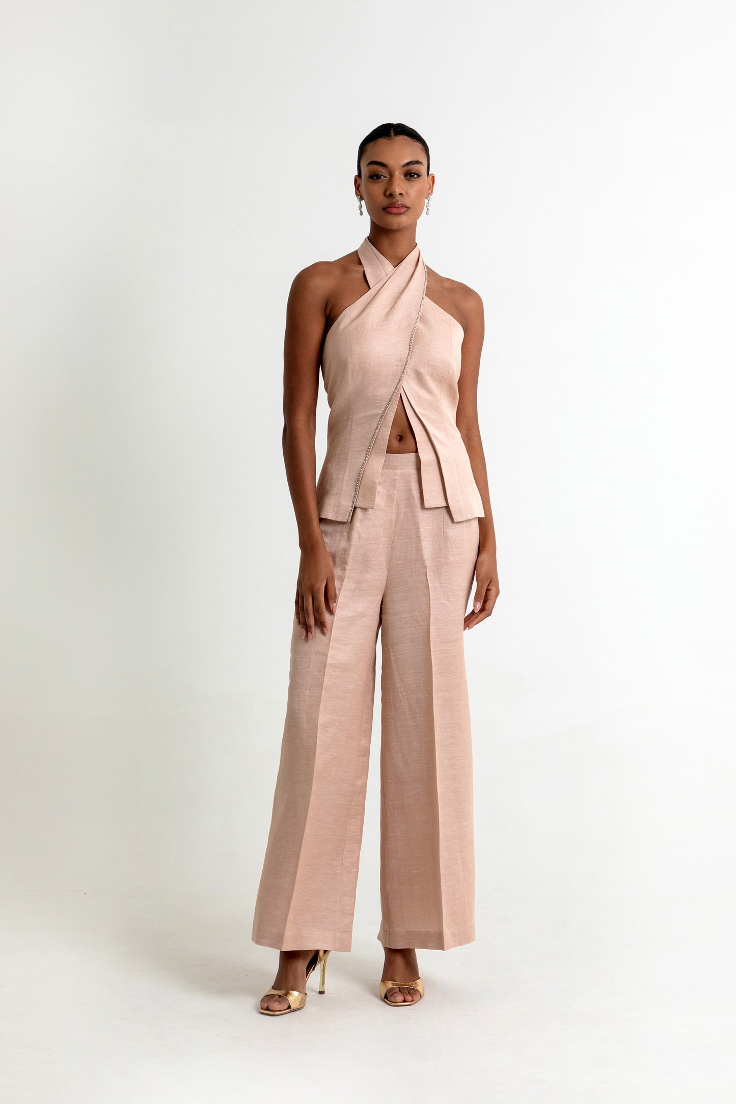 Skye Linen Satin Co-ord Set in Peach Dust