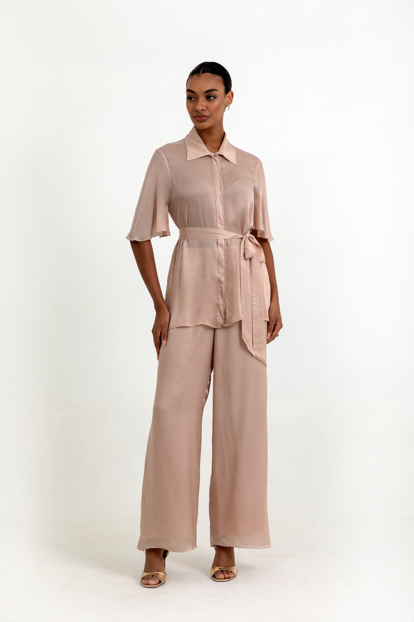 Ara Light Peach Satin Stone Work Co-ord Set