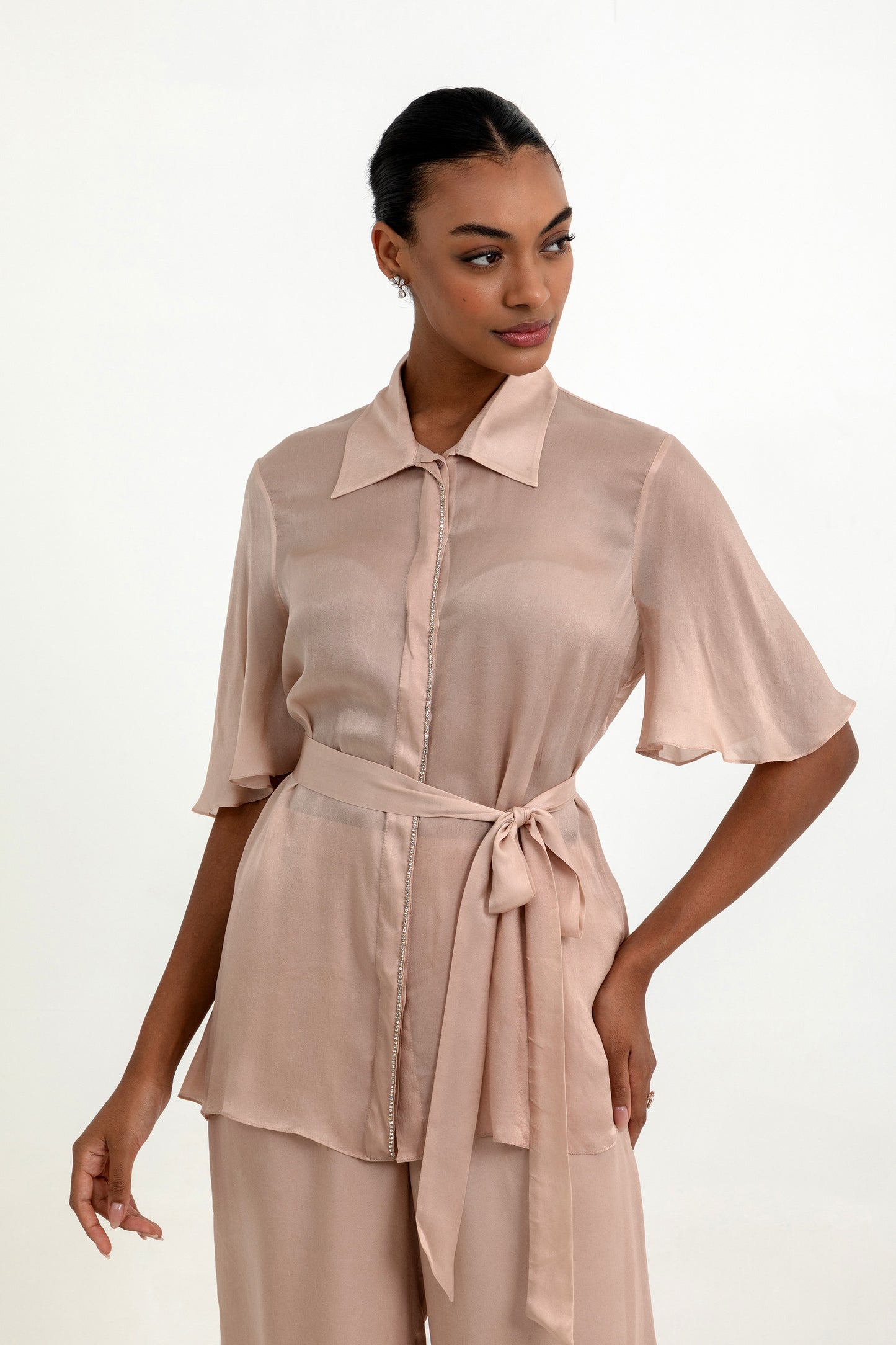 Ara Light Peach Satin Stone Work Co-ord Set