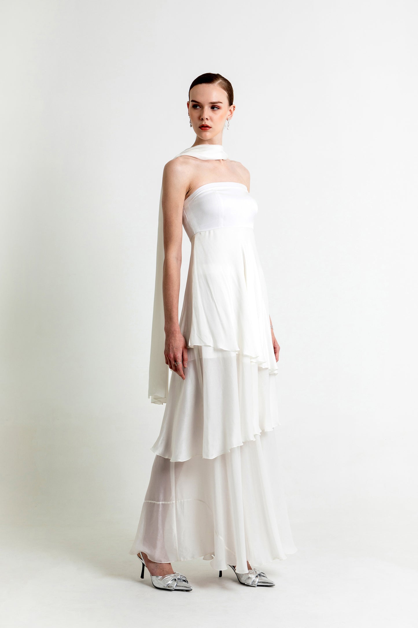 Aurora White Satin Party Wear Co-ord Set with Scarf