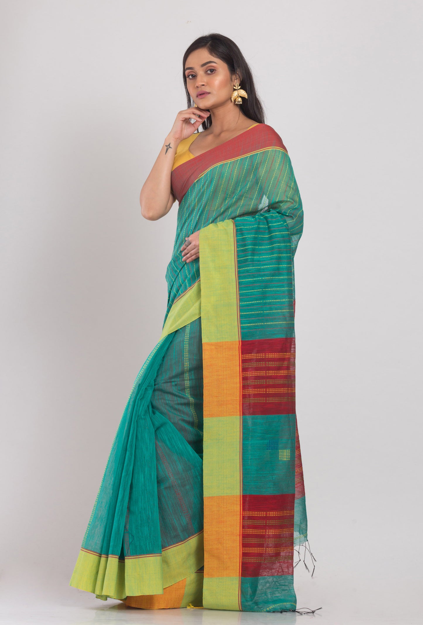 Teal Handloom Blended Cotton Saree