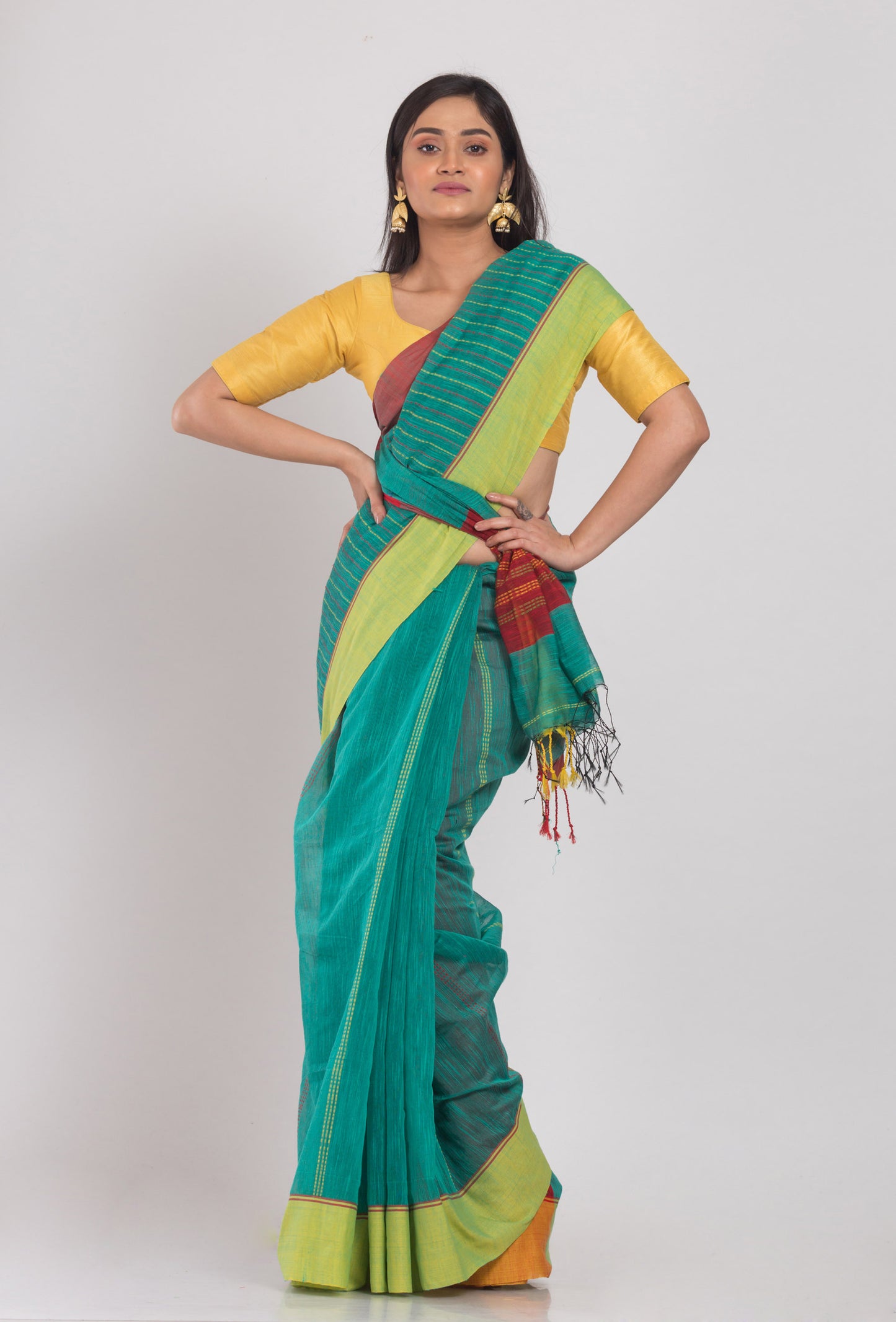 Teal Handloom Blended Cotton Saree