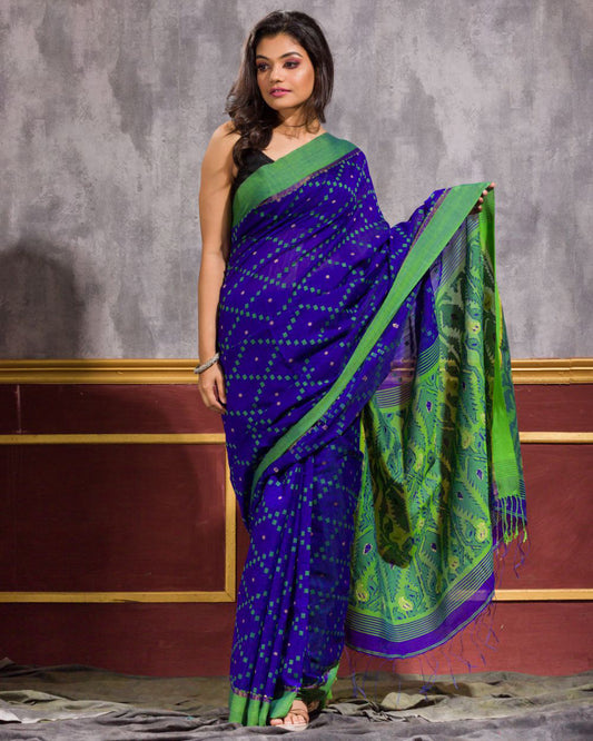 Blue Blended Cotton Dhakai Jamdani Saree