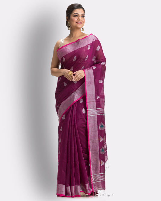 Magenta Cotton Blend Handloom Jamdani Saree