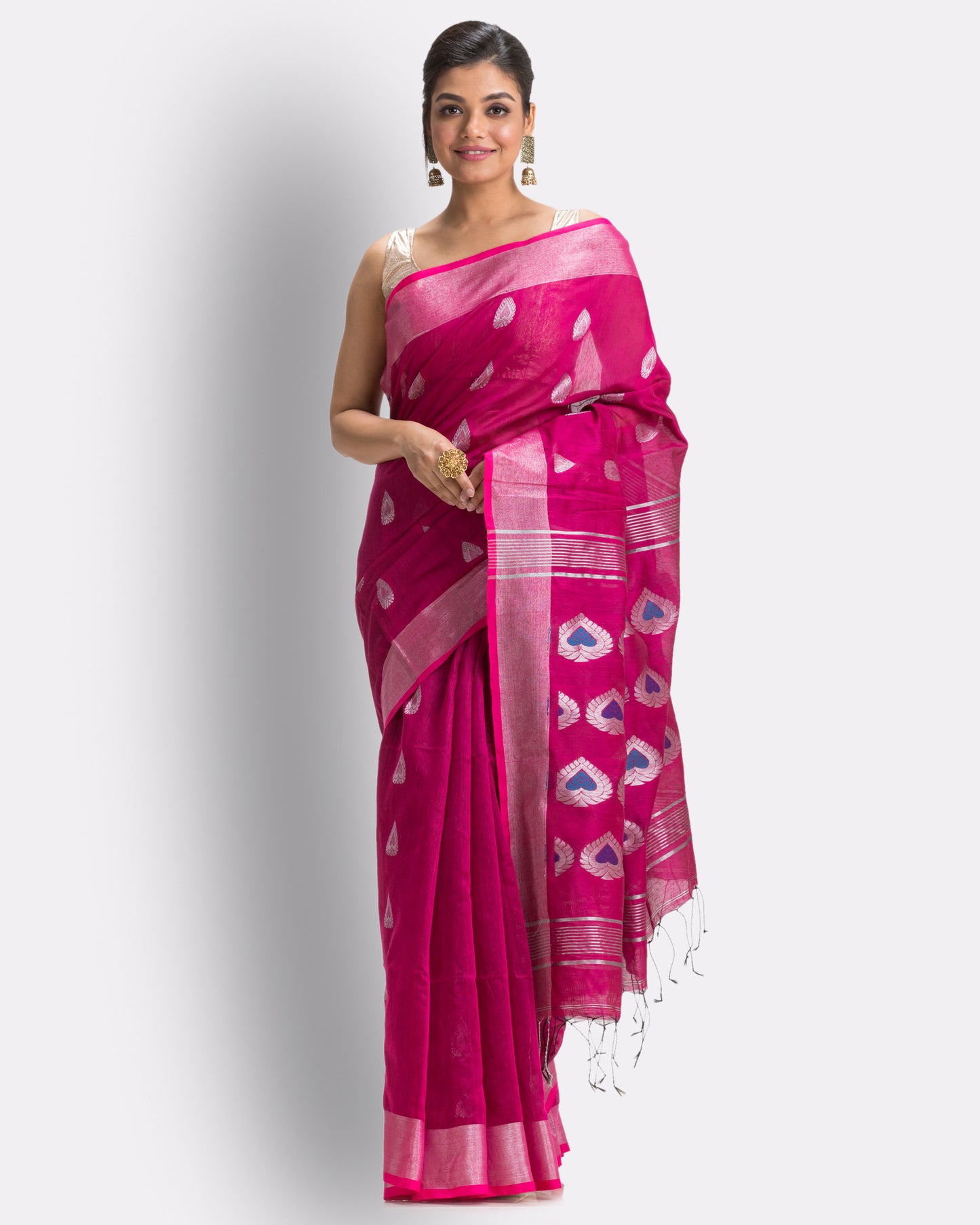 Bright Pink Cotton Blend Handloom Jamdani Saree