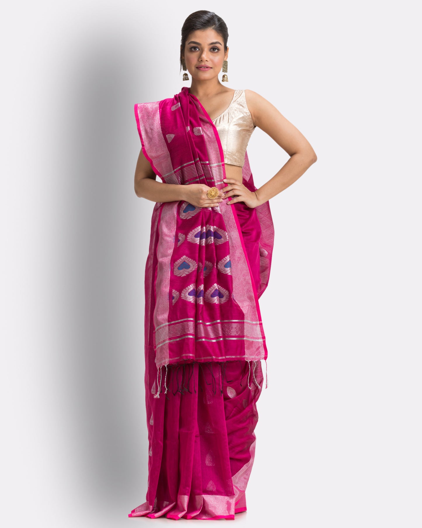 Bright Pink Cotton Blend Handloom Jamdani Saree