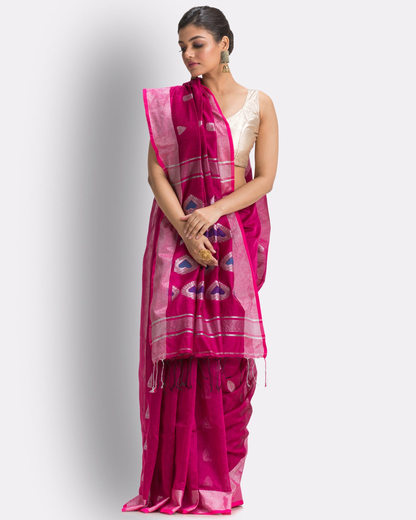 Bright Pink Cotton Blend Handloom Jamdani Saree