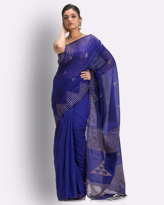 Royal Blue Cotton Blend Handloom Jamdani Saree