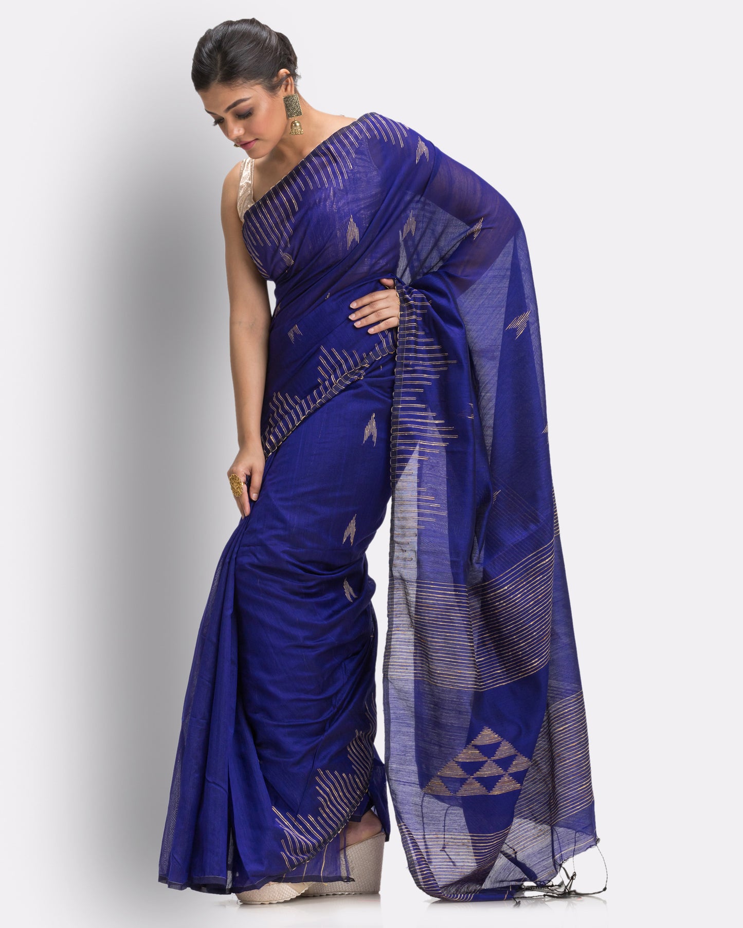 Royal Blue Cotton Blend Handloom Jamdani Saree