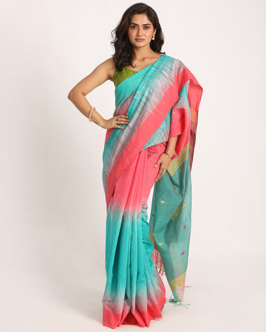 Brink Pink Cotton Blend Handloom Tie Dye Jamdani Saree