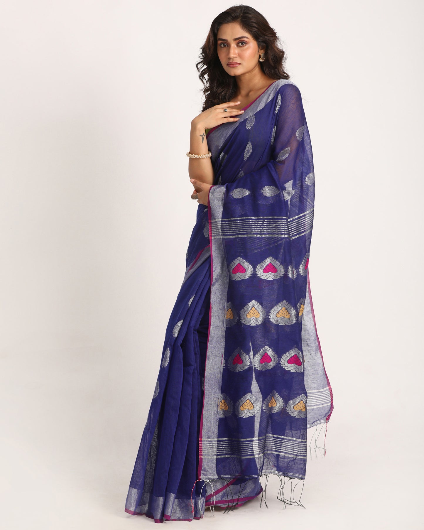 Royal Blue Cotton Blend Handloom Jamdani Saree