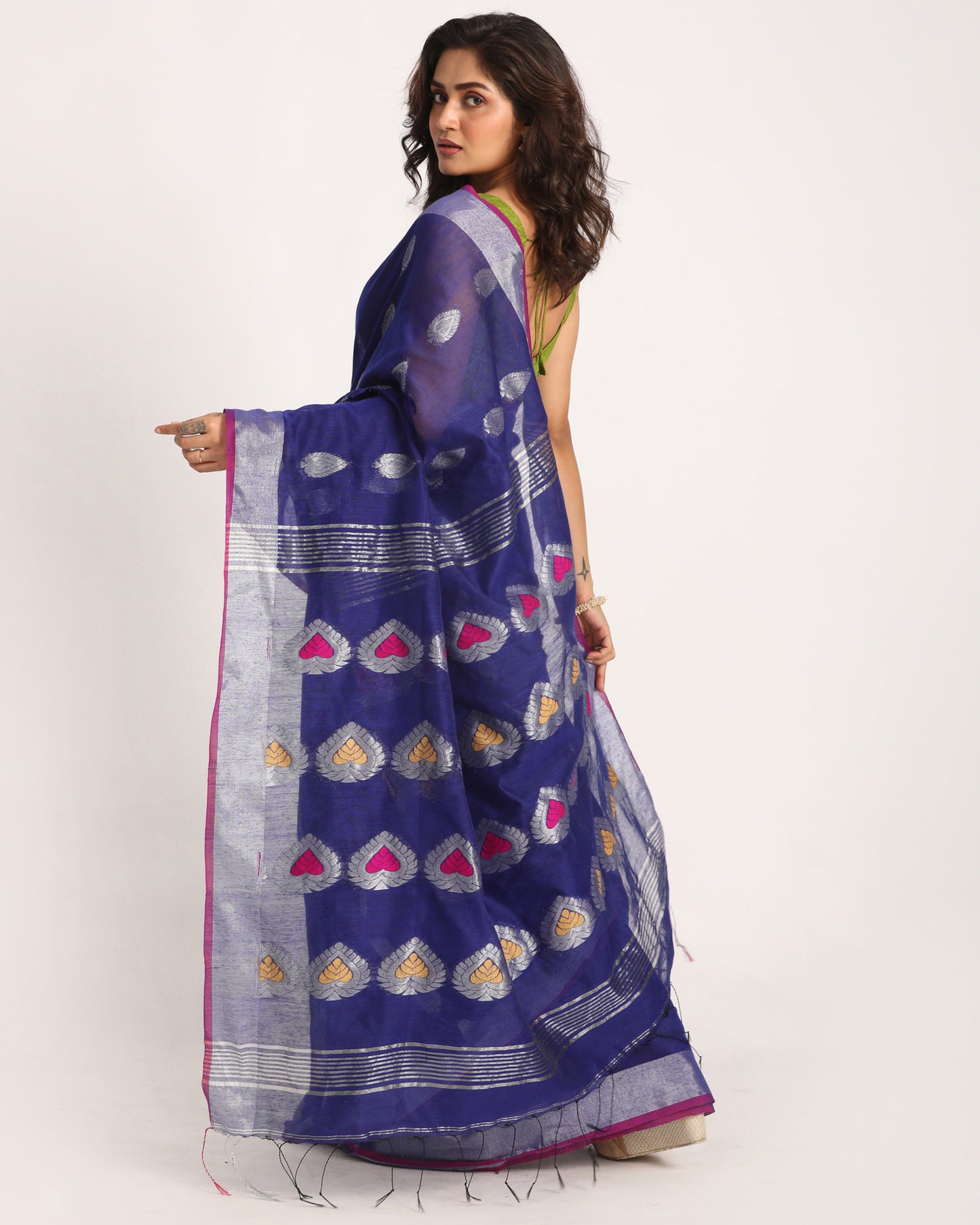 Royal Blue Cotton Blend Handloom Jamdani Saree