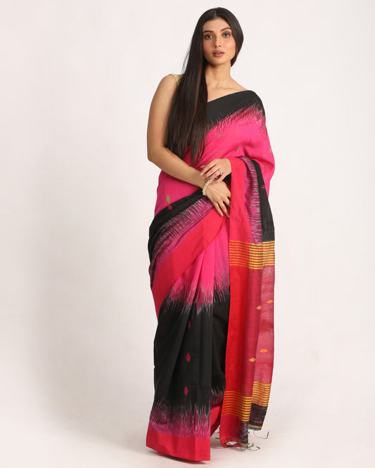 Fuchsia Black Cotton Blend Handloom Tie Dye Jamdani Saree