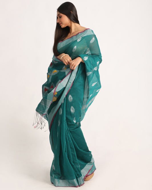 Teal Cotton Blend Handloom Jamdani Saree