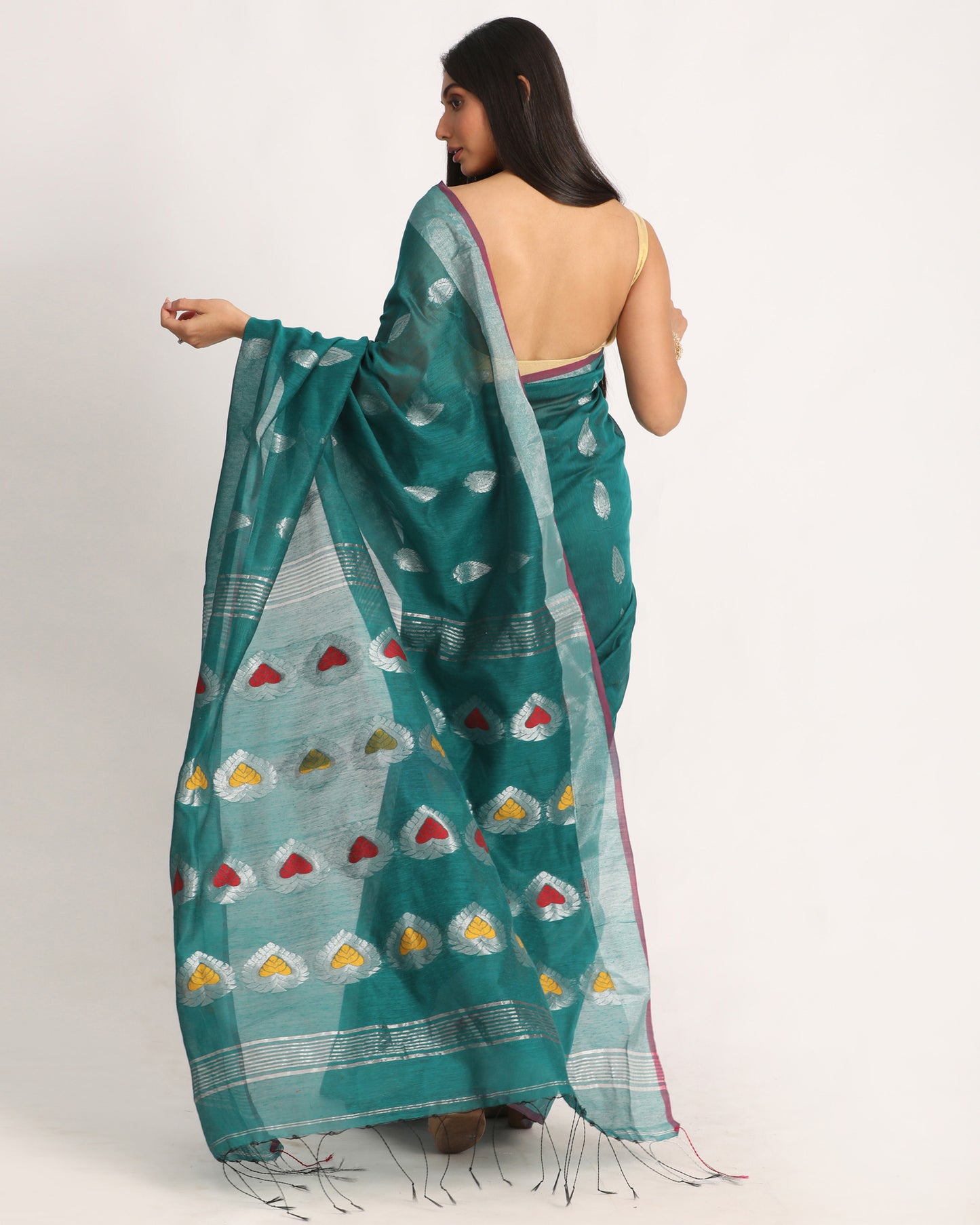 Teal Cotton Blend Handloom Jamdani Saree