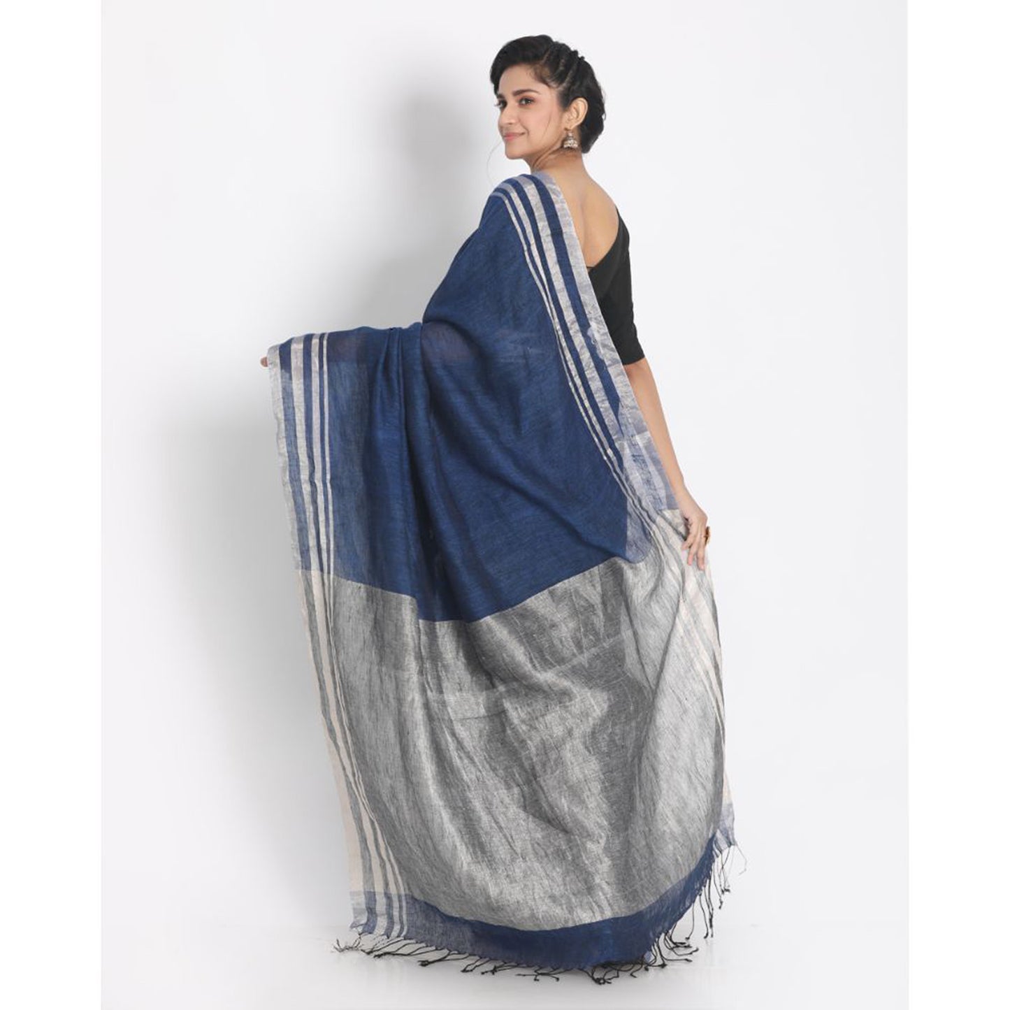 Silver Zari Border Blue Linen Saree