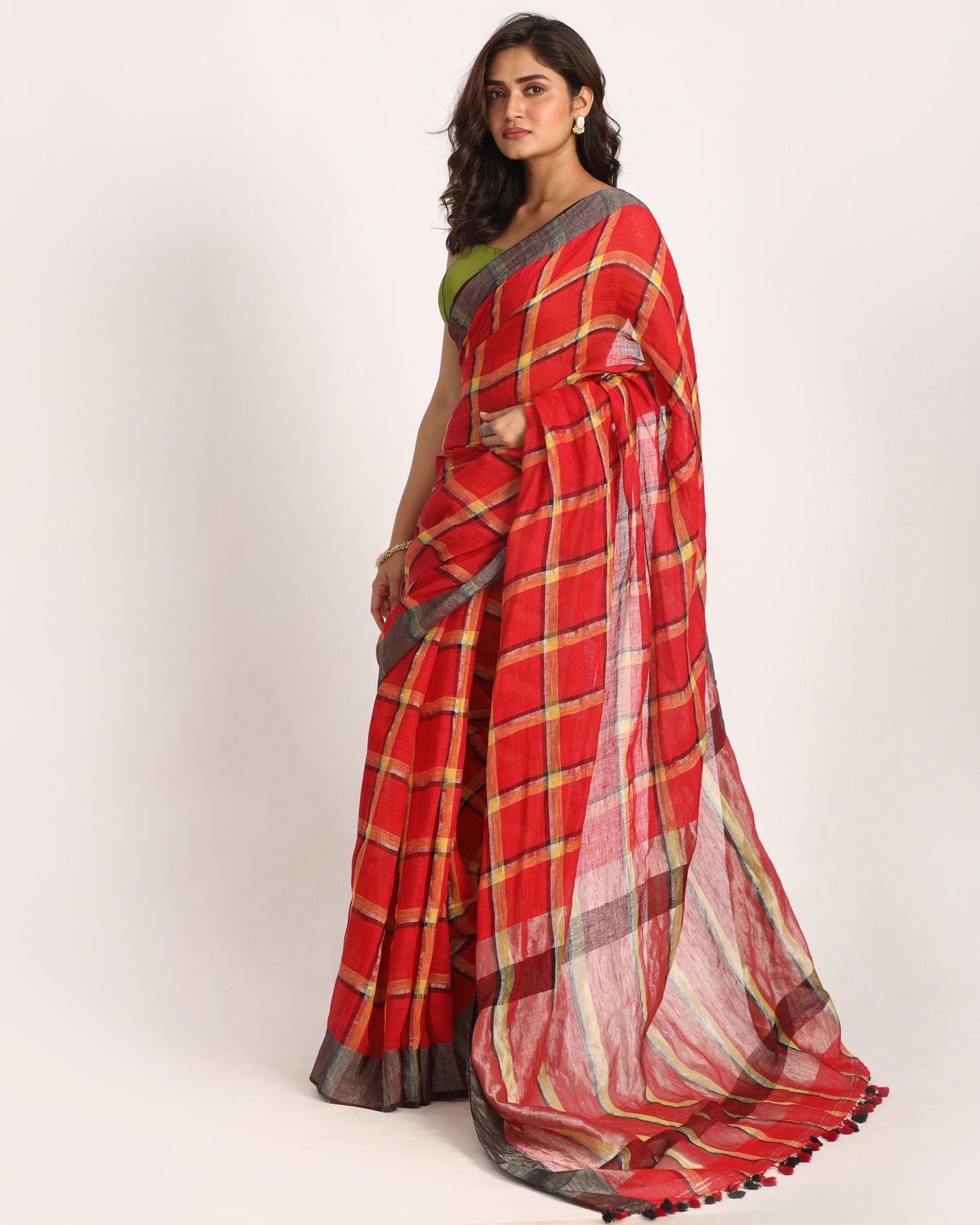Red Handloom Check Linen Saree