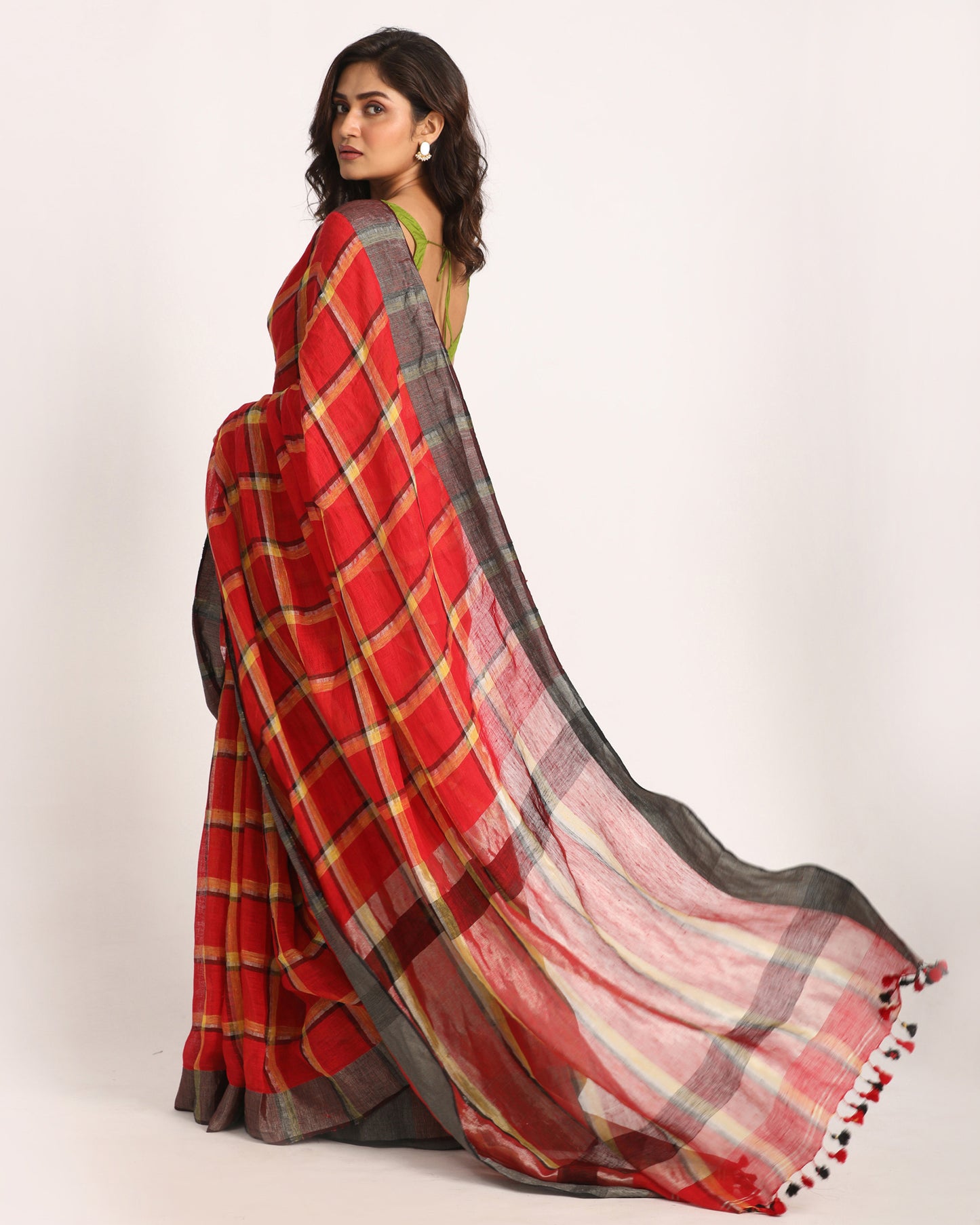 Red Handloom Check Linen Saree