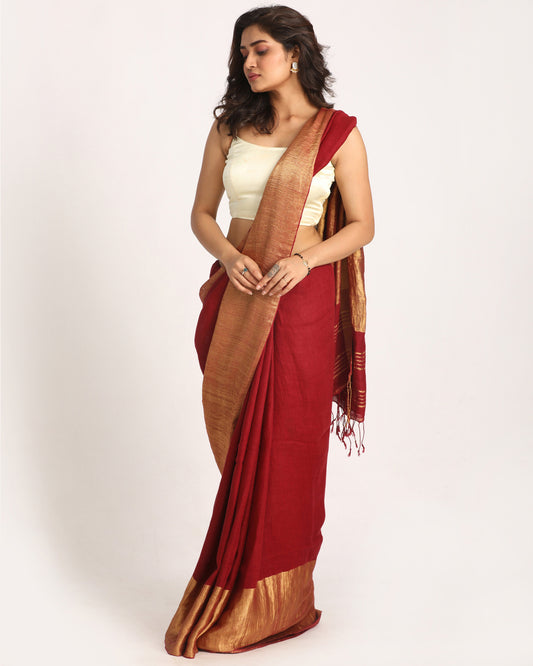Maroon Traditional Handloom Linen Saree