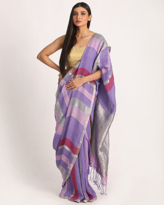 Lavender Traditional Handloom Check Linen Saree