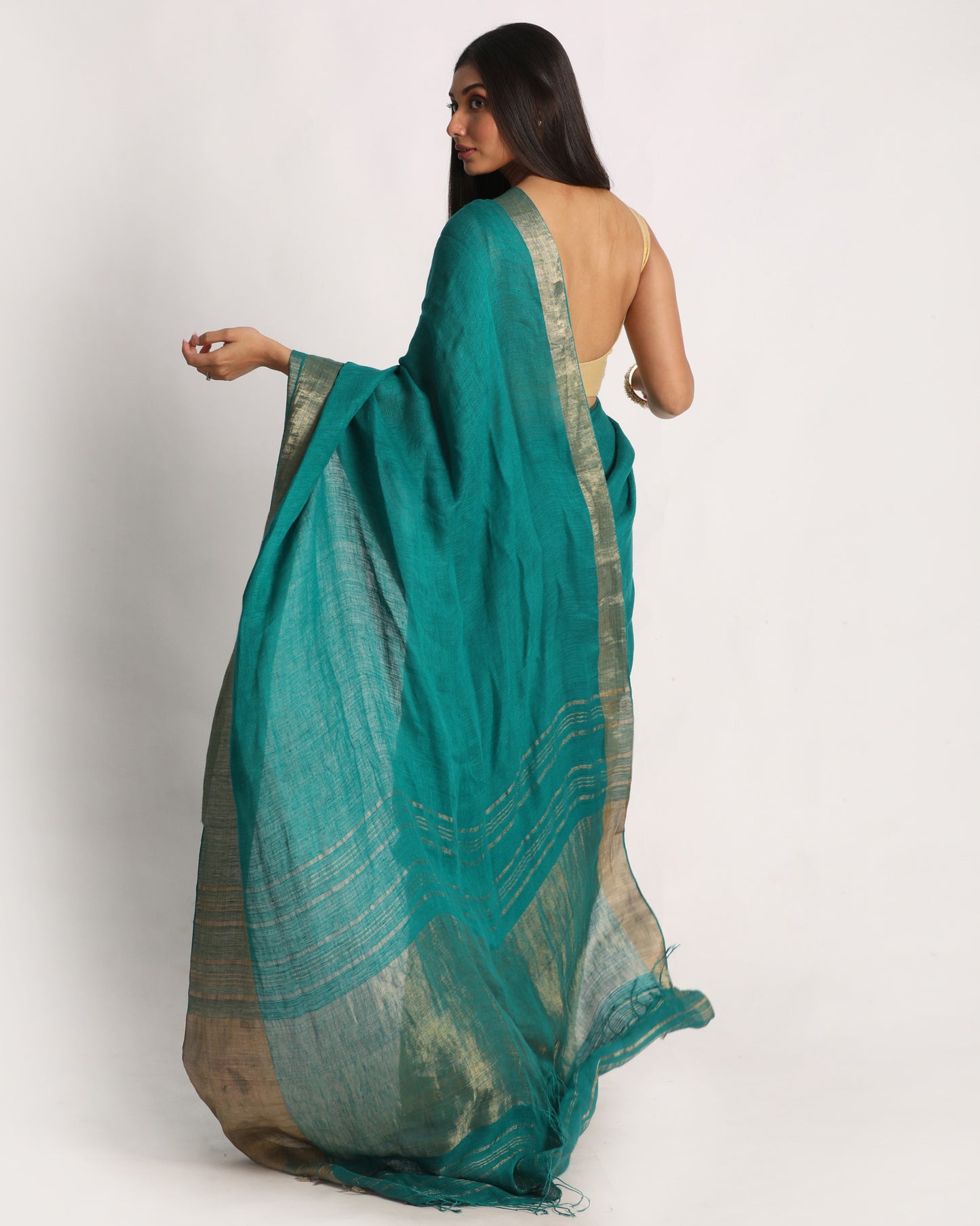 Turquoise Traditional Handloom Linen Saree