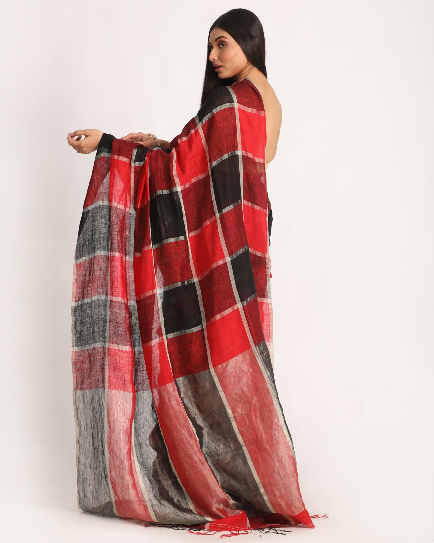 Red Black Traditional Check Linen Handloom Saree