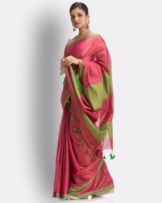 Pink Handloom Zari Cotton Tissue Saree