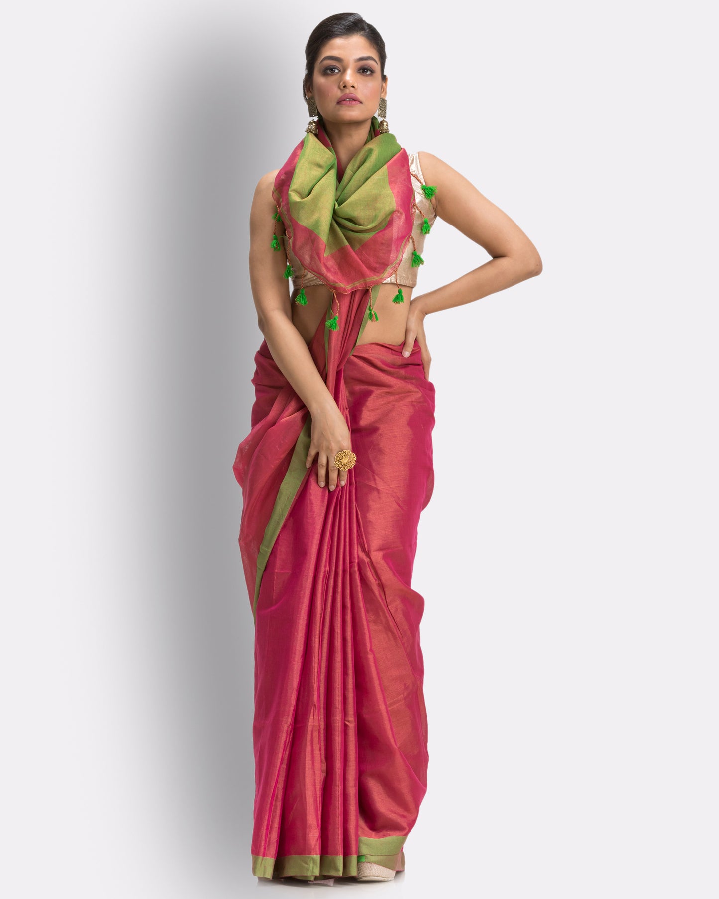Pink Handloom Zari Cotton Tissue Saree