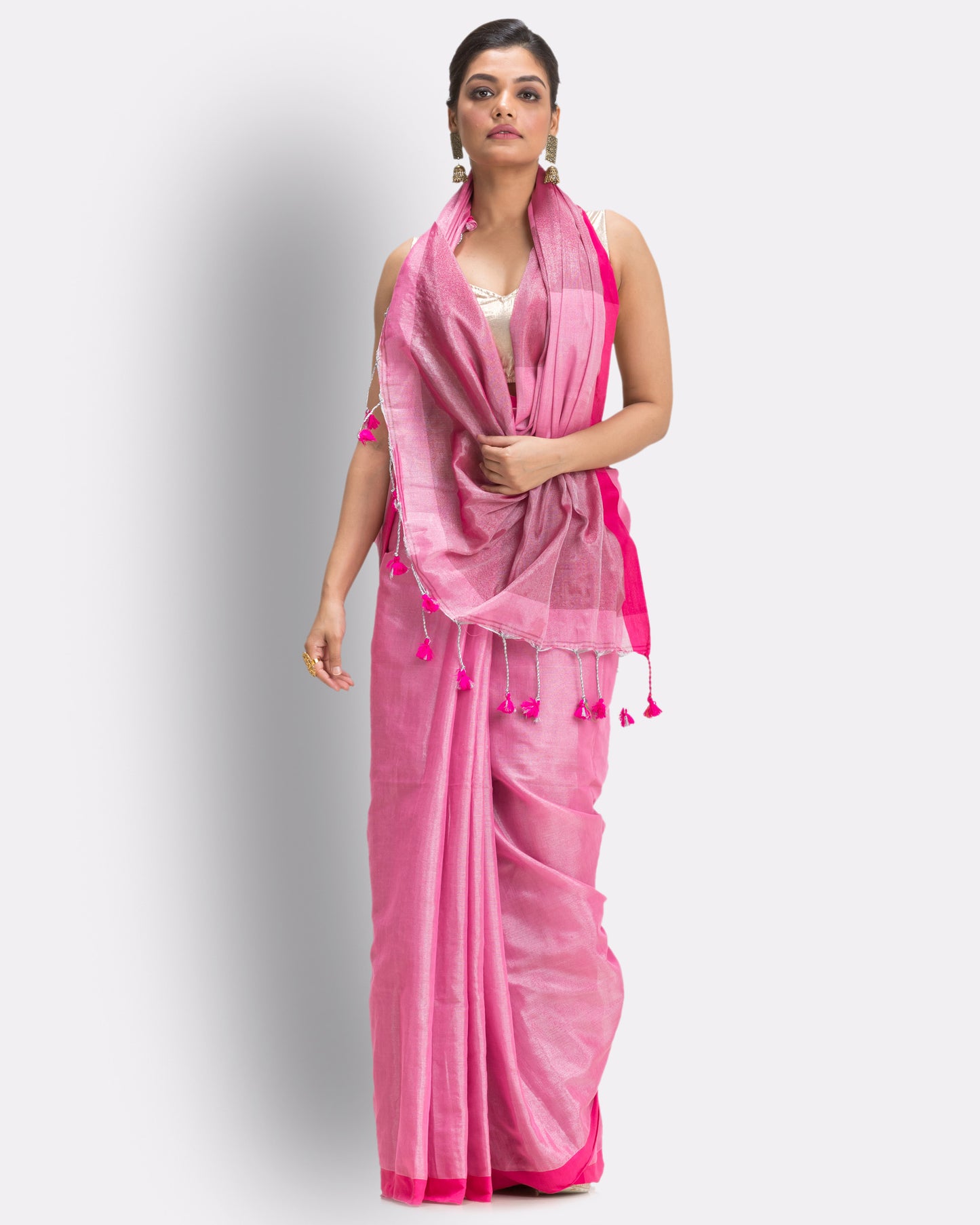 Pink Handloom Zari Cotton Tissue Saree