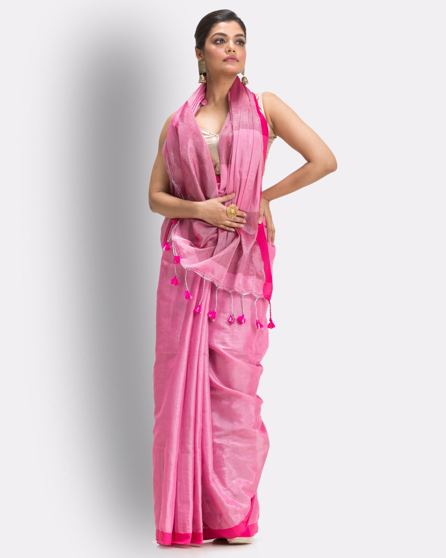 Pink Handloom Zari Cotton Tissue Saree