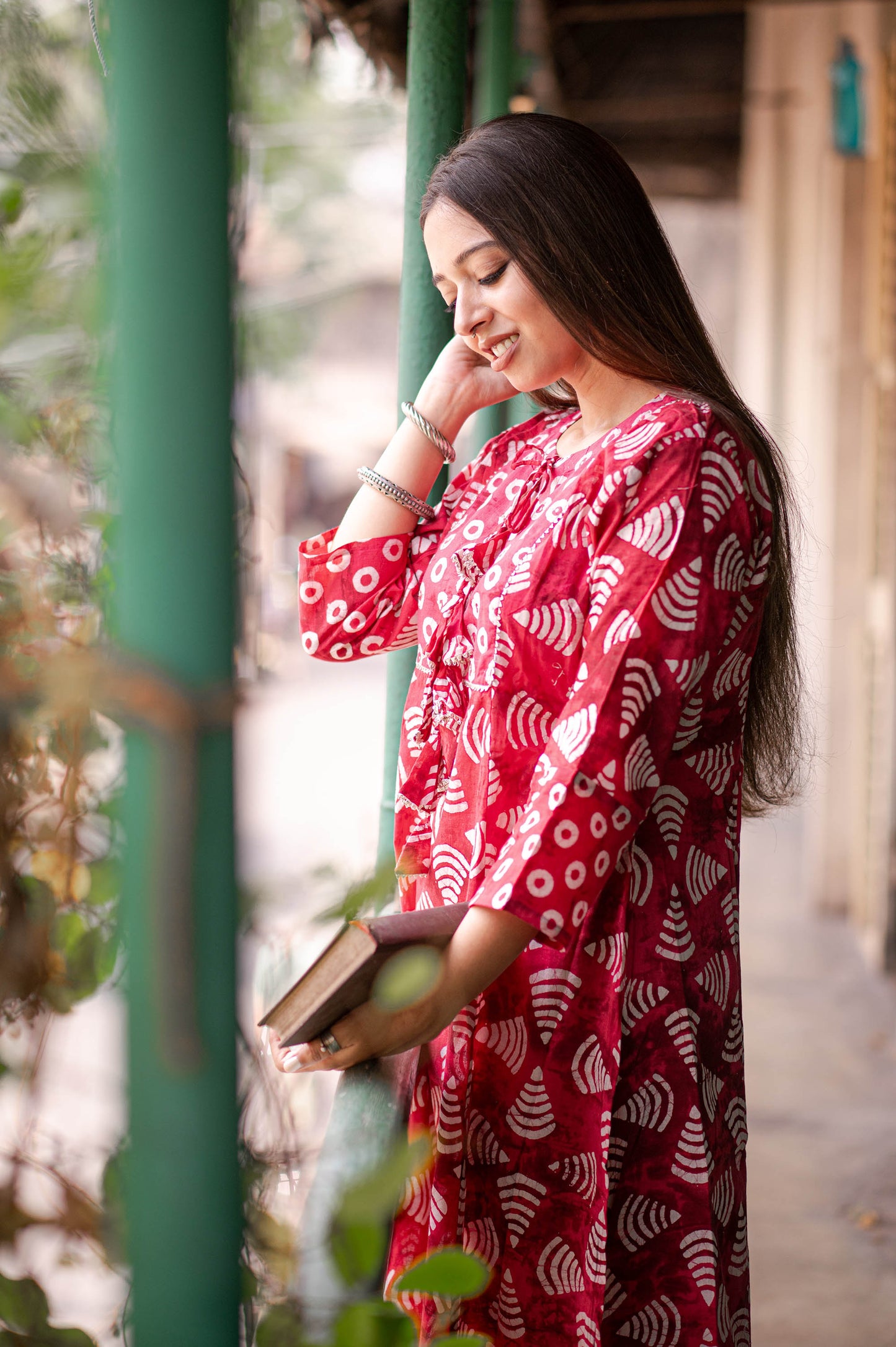 Red Blue Cotton Printed A Line Kurta With Palazzo Pants
