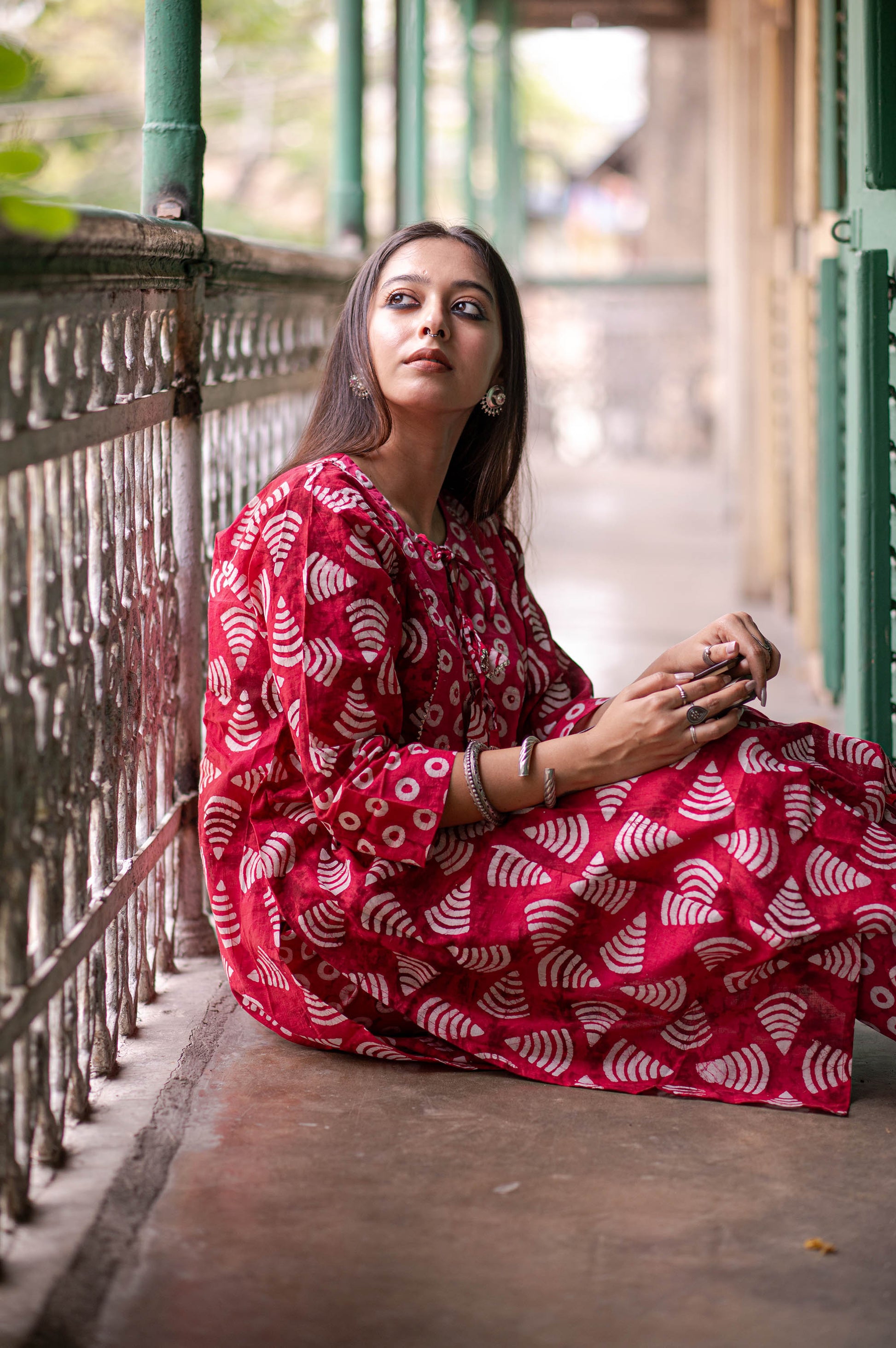 Red Blue Cotton Printed A Line Kurta With Palazzo Pants