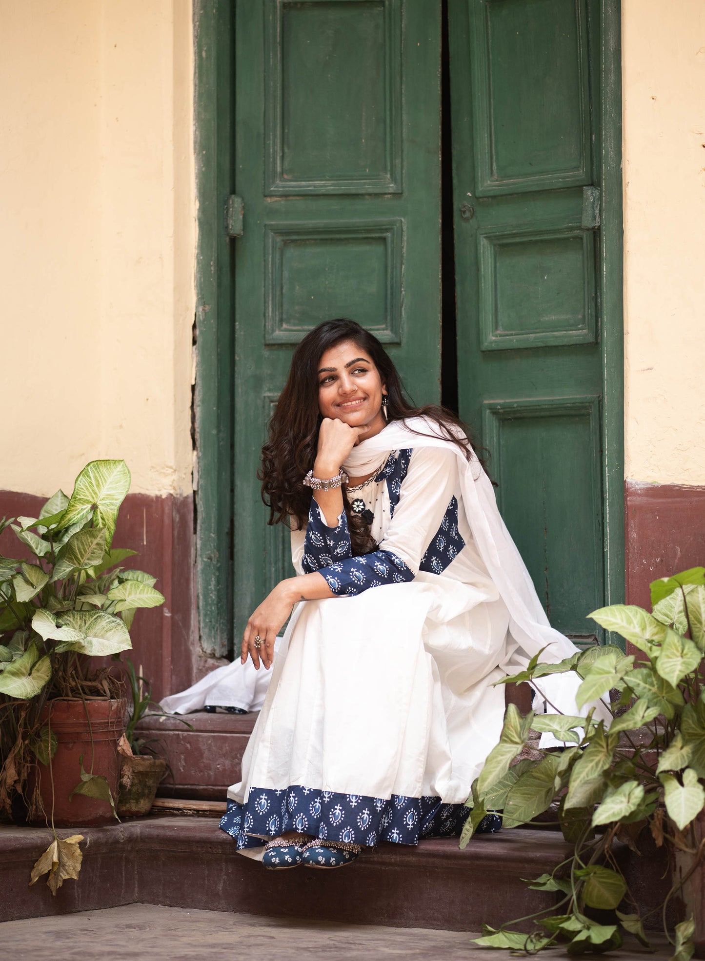 Off white and Blue Cotton Printed A Line Kurta With Palazzo Pants