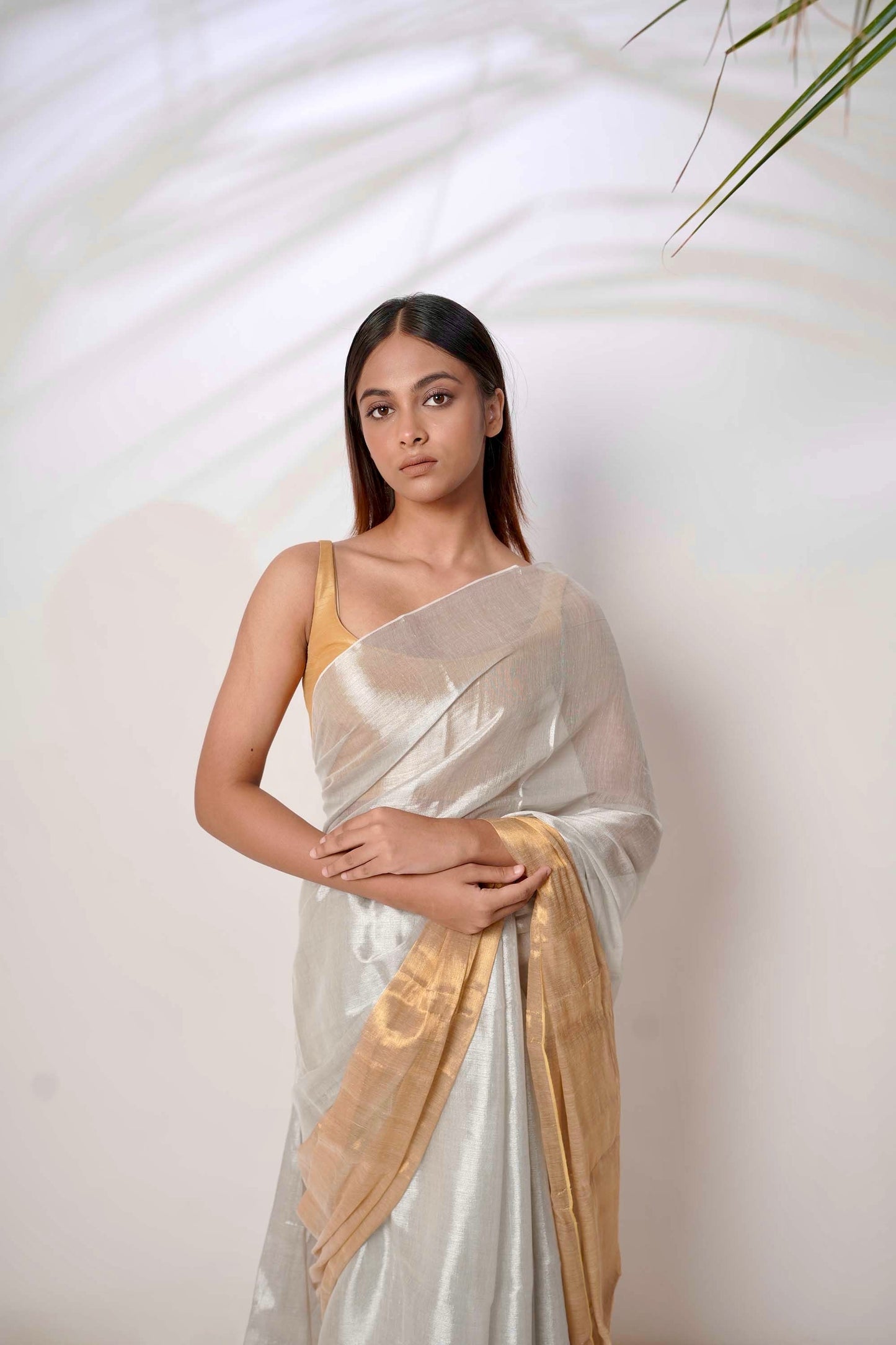 Aarna | Metallic white and gold tissue saree