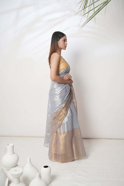 Alankrita | Slate Blue and Gold Handloom Tissue Saree
