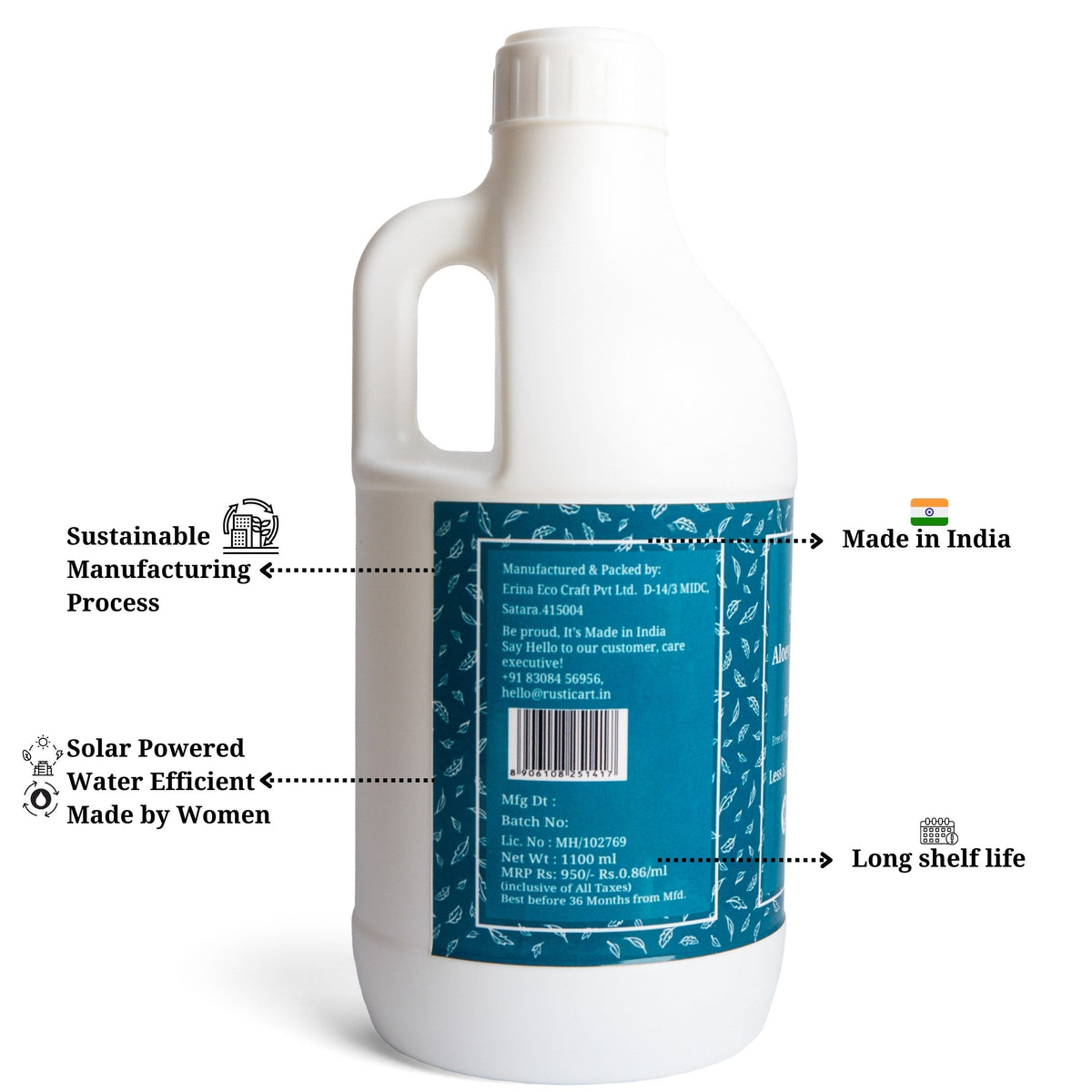 Aloe Vera Rosemary Organic Hand Wash (1100ml Refill Pack), Rustic Art